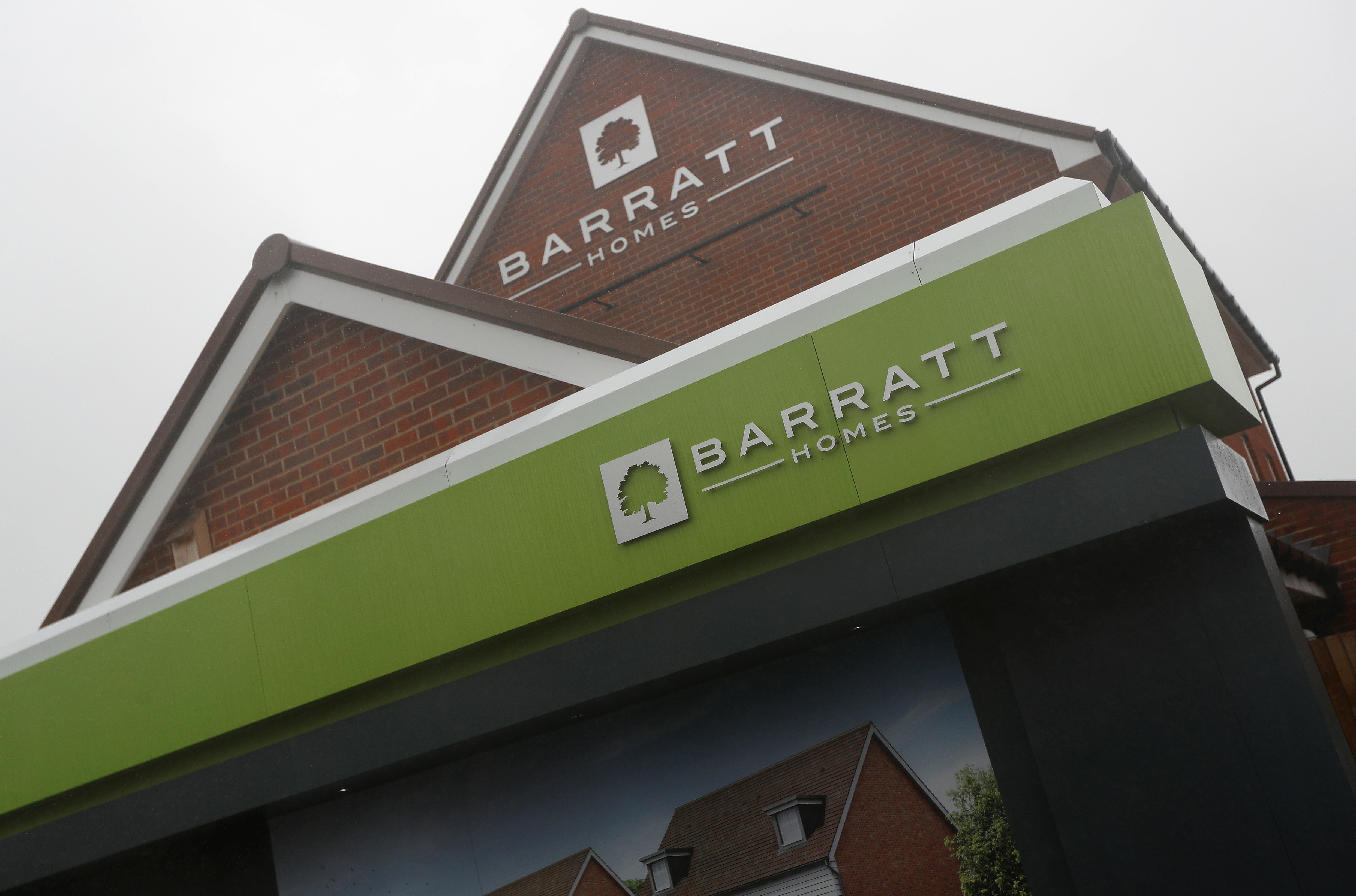 Barrett branding is seen on a building at a Barratt housing development near Haywards Heath