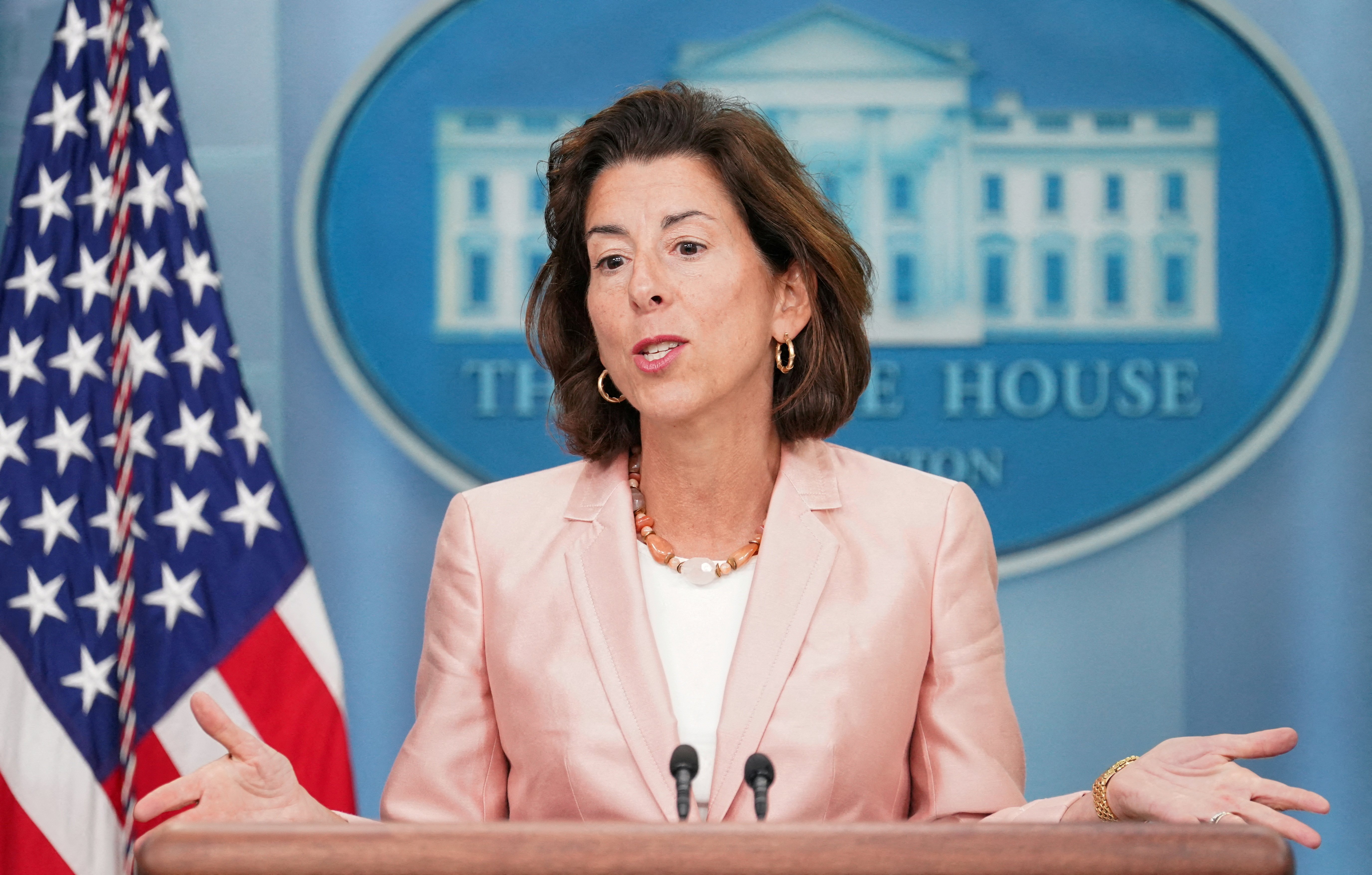Gina Raimondo speaks at a press briefing at the White House in Washington