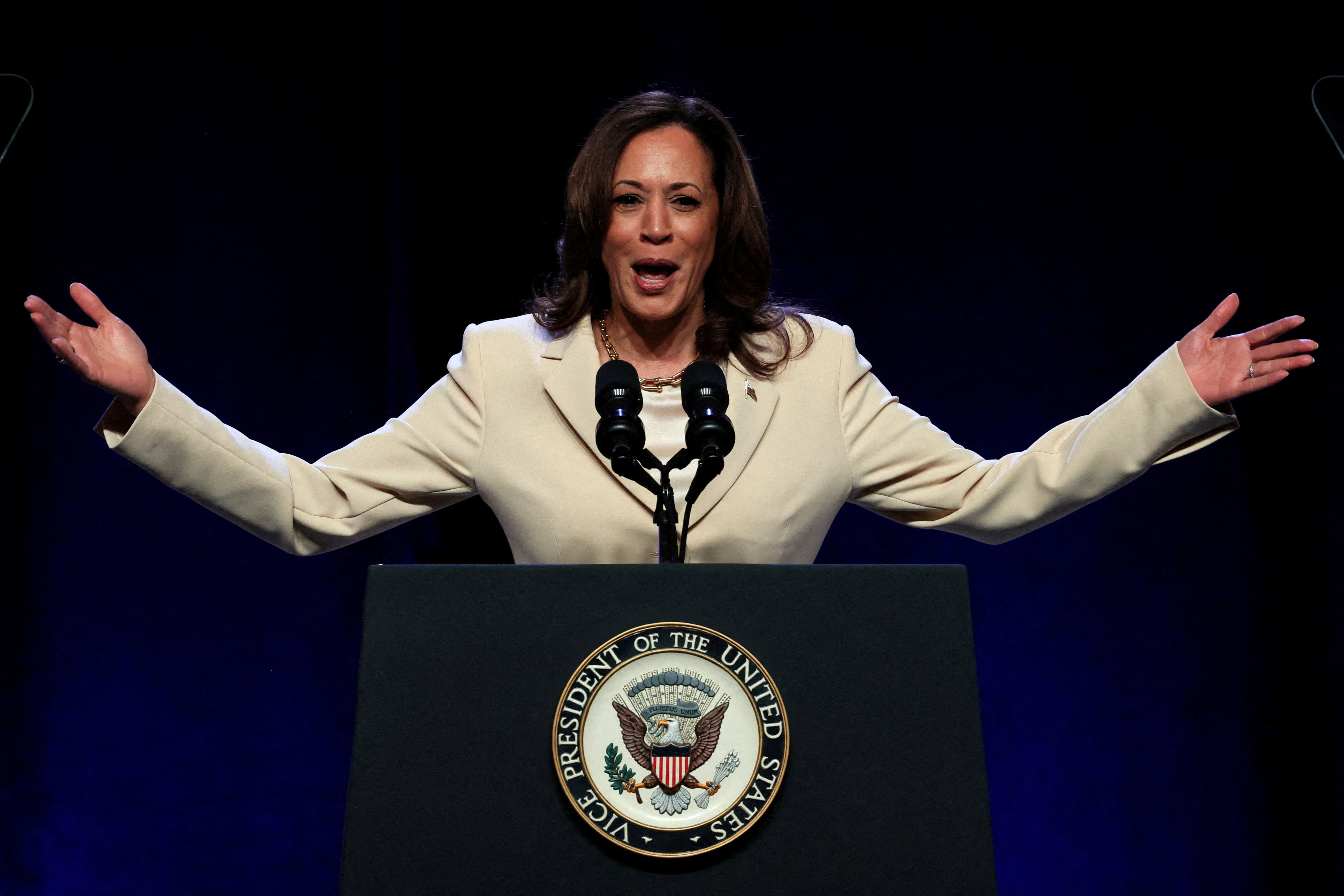 U.S. Vice President Kamala Harris speaks during the Constitutional Convention of UNITE HERE in New York