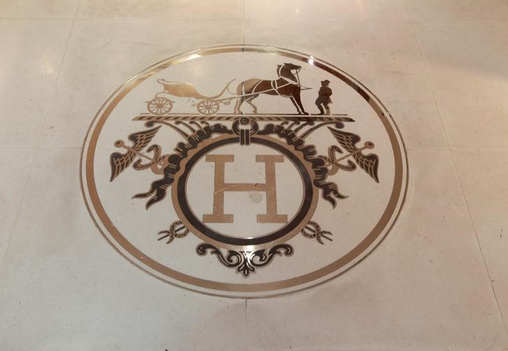 The logo of French luxury group Hermes is seen during the inauguration of the commercial zone at the Nice international airport Terminal 1 in Nice