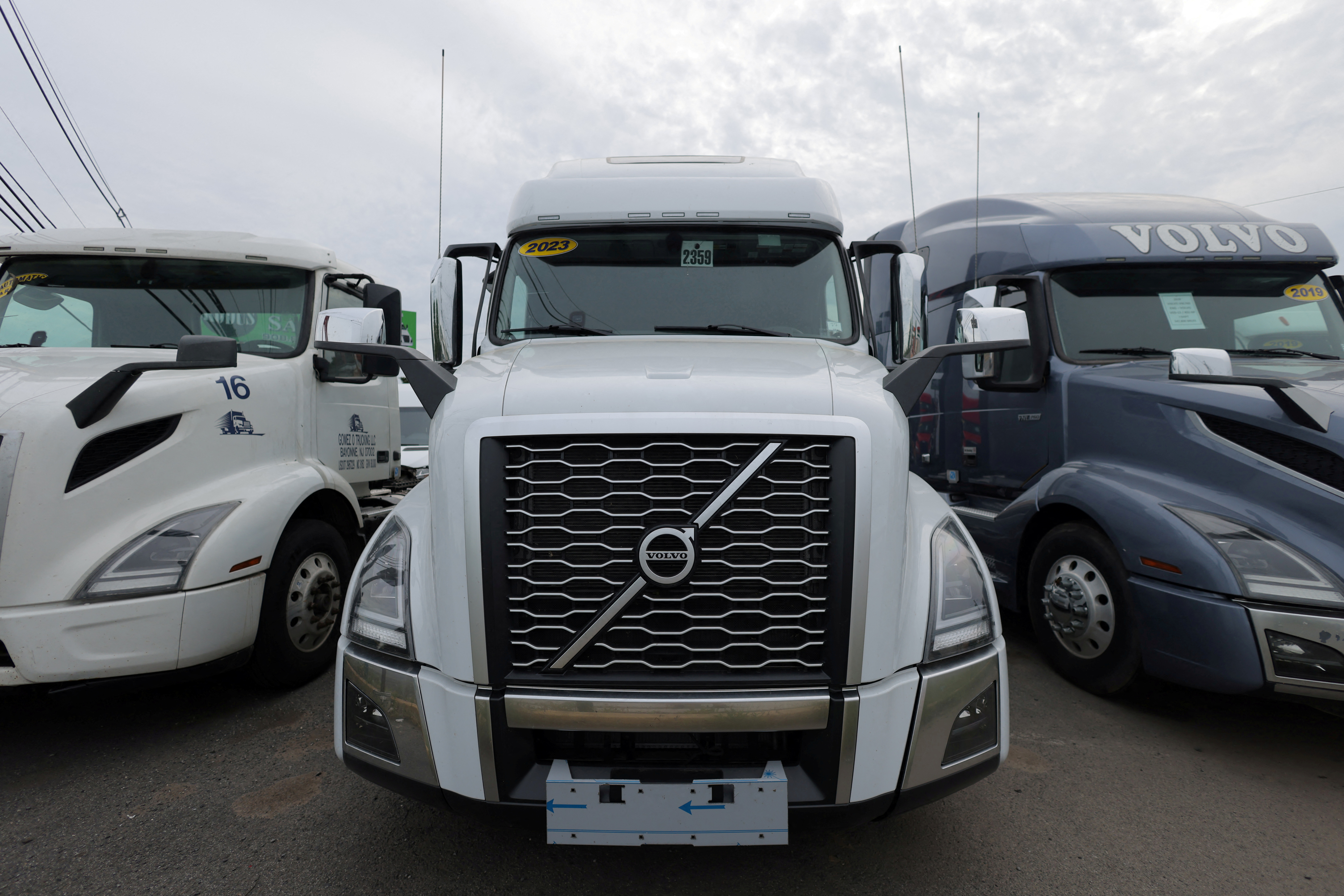 Volvo trucks are seen for sale in Linden, New Jersey