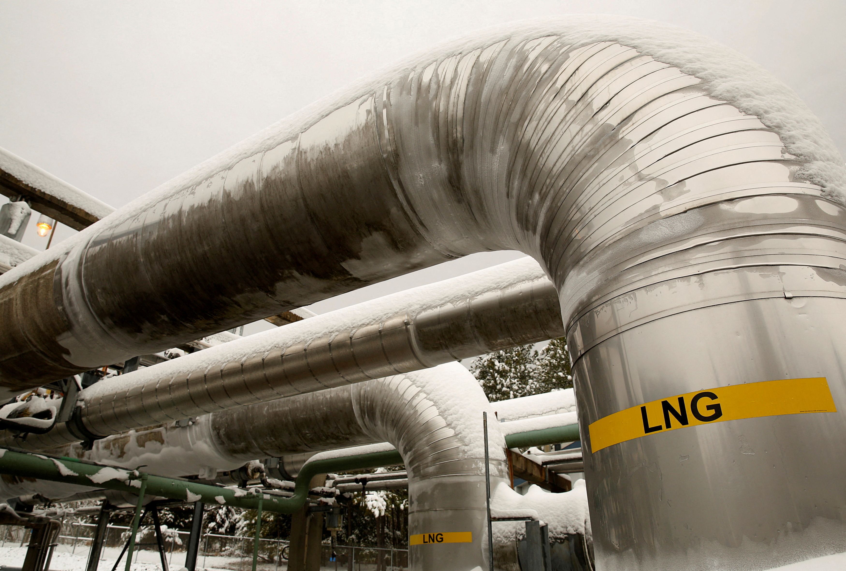 Snow-covered transfer lines are seen at the Dominion Cove Point Liquefied Natural Gas terminal in Maryland