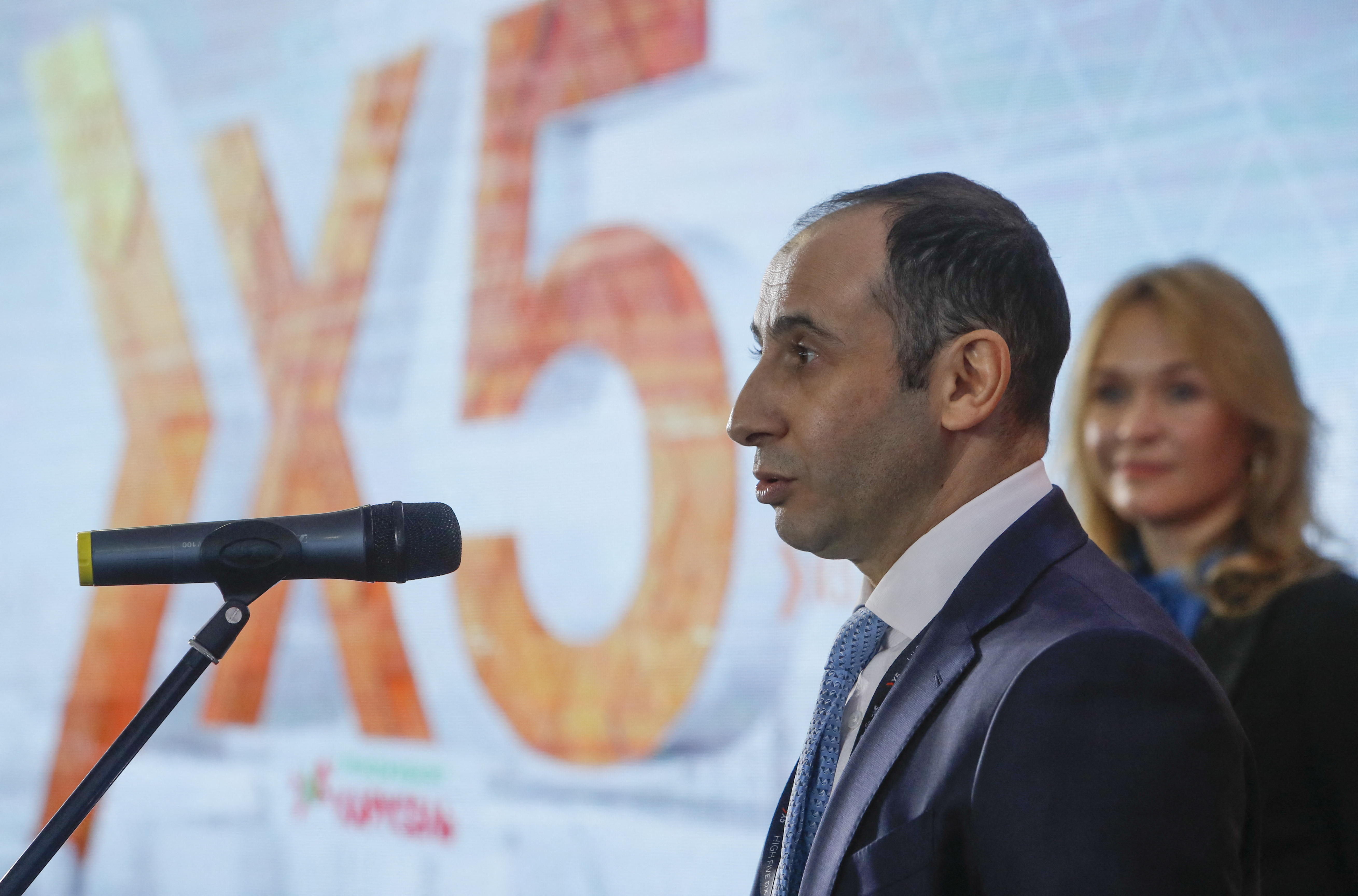 Chief Executive Officer of Х5 Retail Group Shekhterman speaks during a ceremony as Х5 Retail Group starts trading on Moscow Exchange