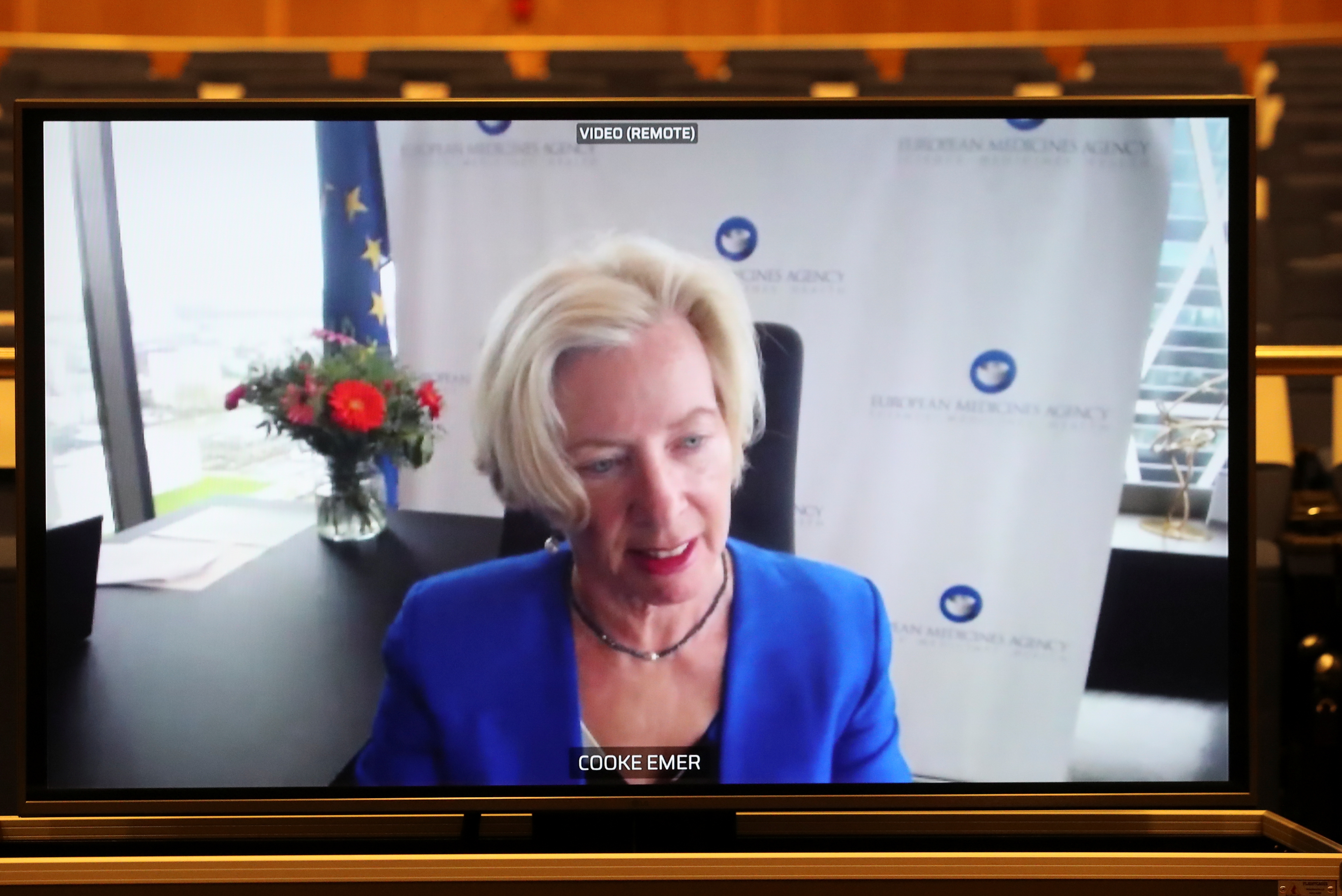 European Medicines Agency Executive Director, Emer Cooke, appears on screen during a videoconference in Brussels, Belgium March 16, 2021. REUTERS/Yves Herman/Pool/file photo