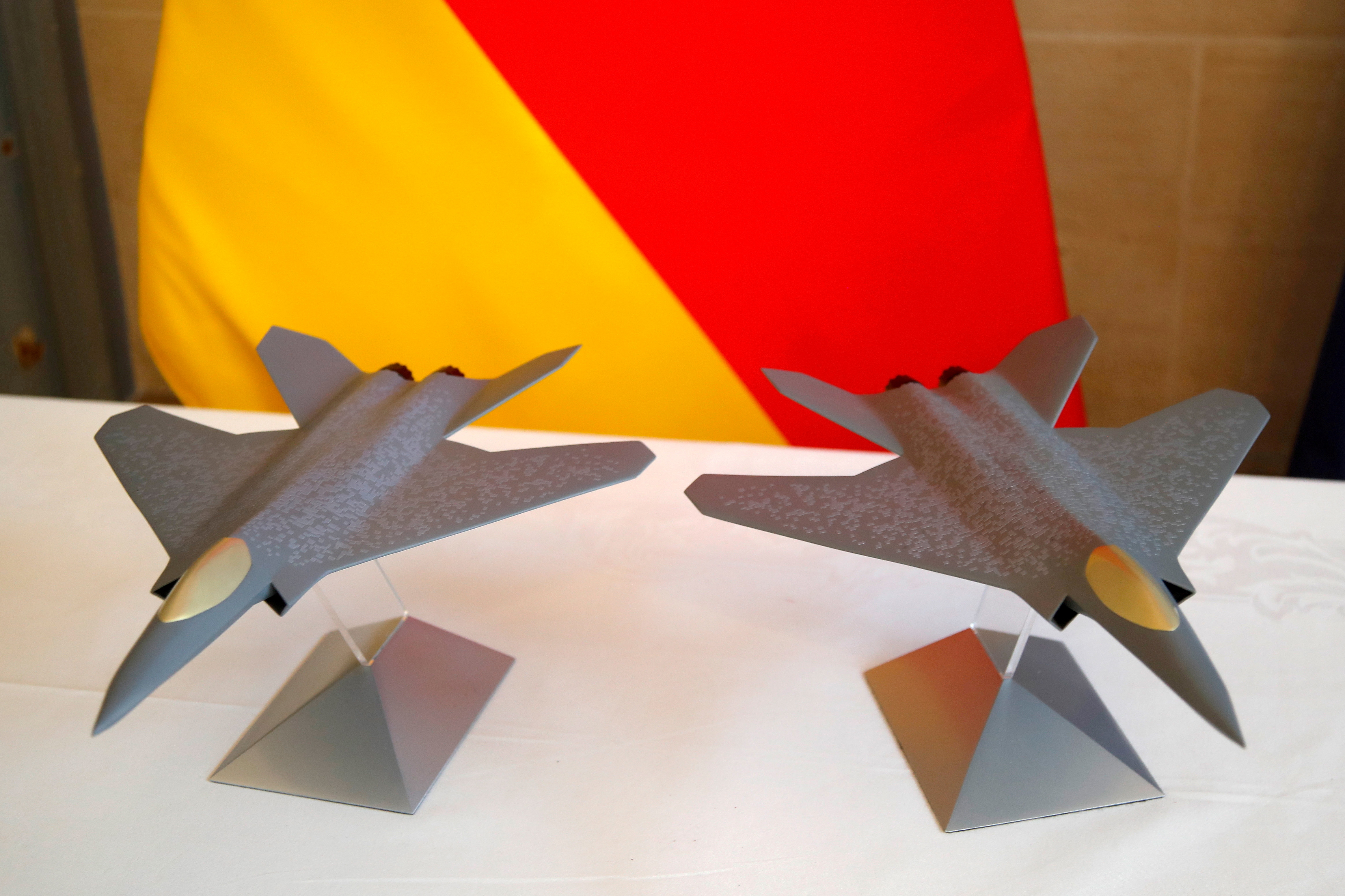 Scale models of the Franco-German-Spanish Future Combat Air System (FCAS), Europe's next-generation fighter jet, are seen in Paris, France, February 20, 2020. REUTERS/Charles Platiau