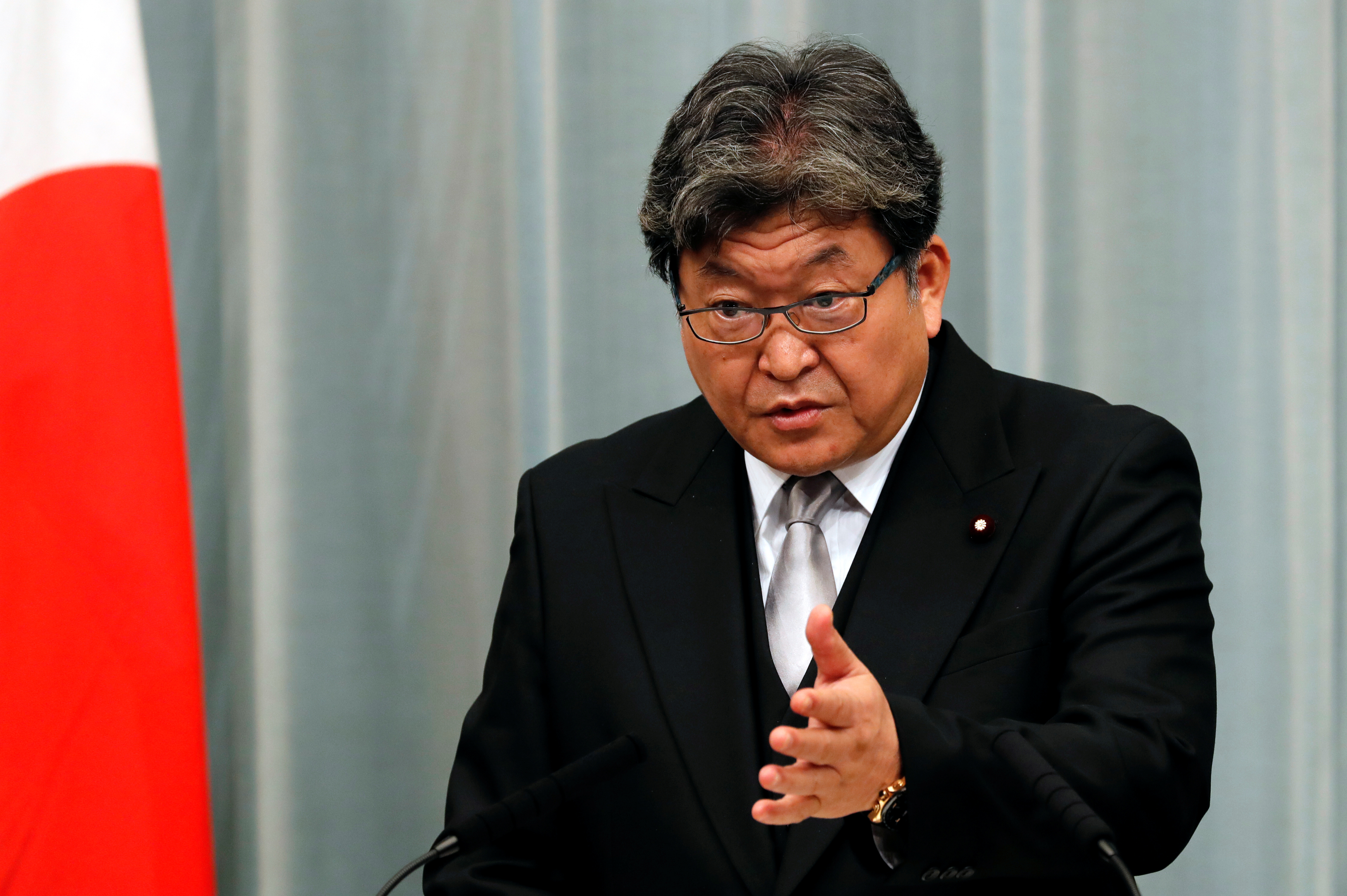 Japan's Koichi Hagiuda speaks at a news conference in Tokyo