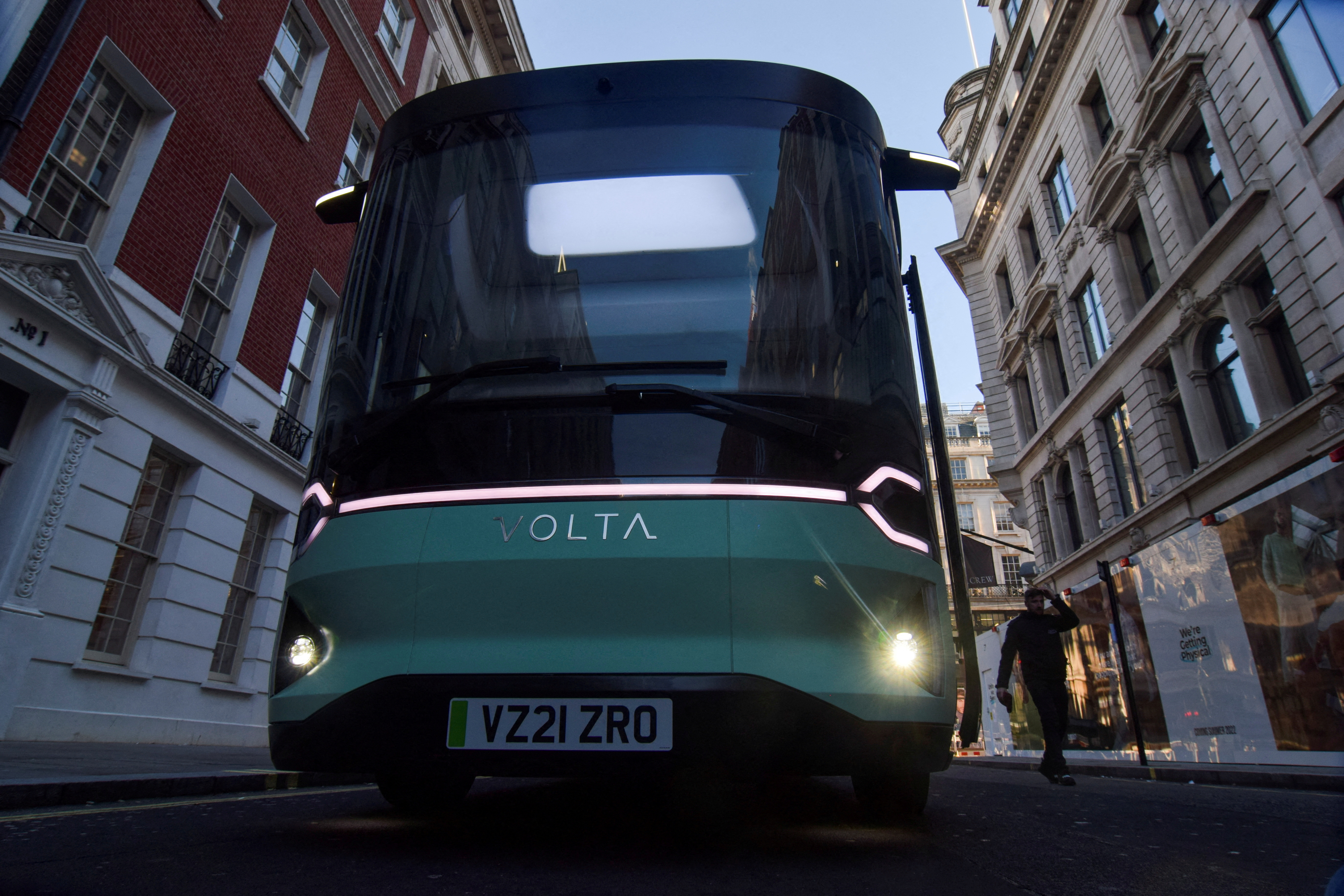 A prototype of the Volta Zero, a 16-tonne electric truck that Volta Trucks will start mass producing in late 2022, is displayed in central London