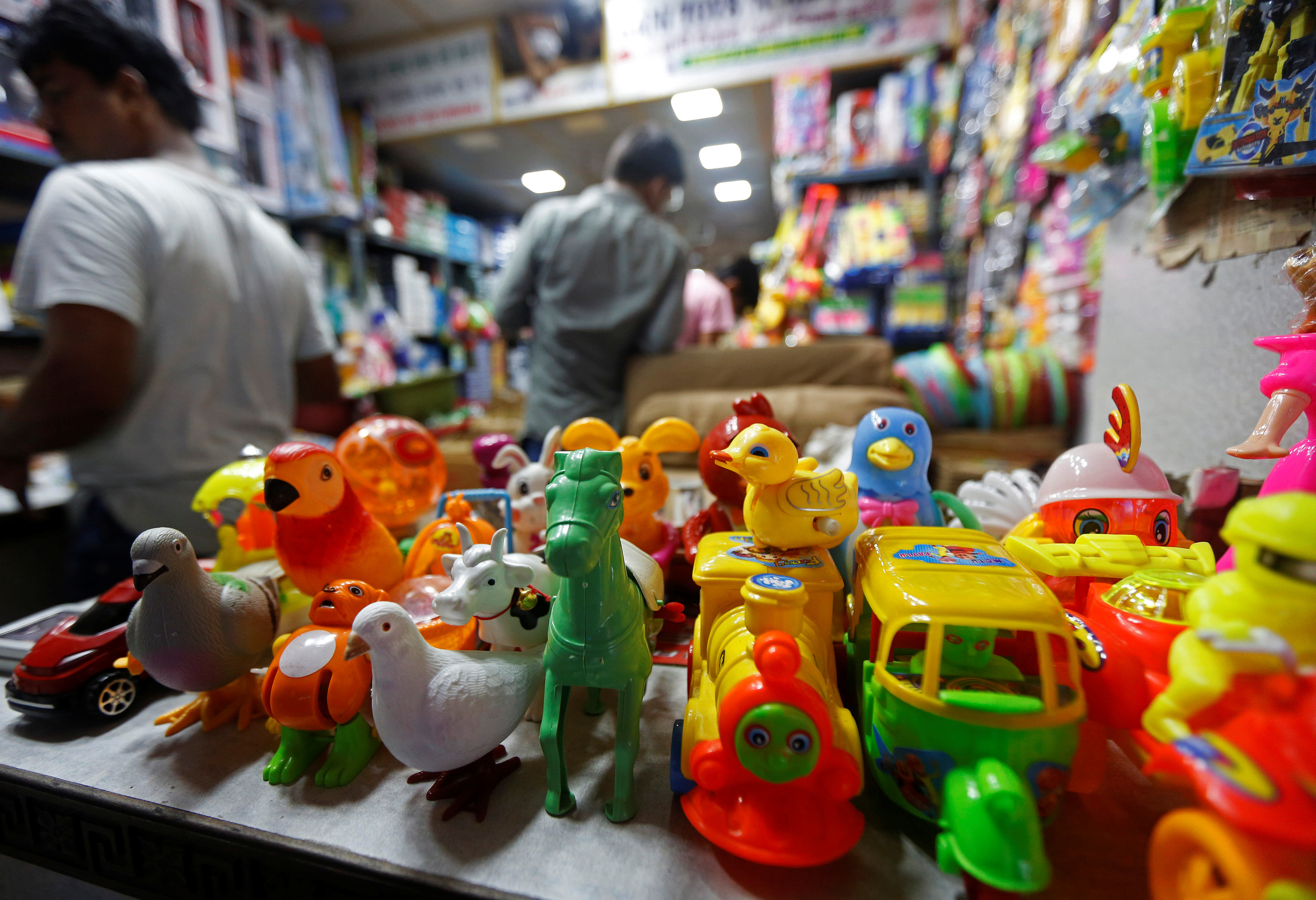 Toys are displayed inside a Chinese toy shop at a market in Kolkata