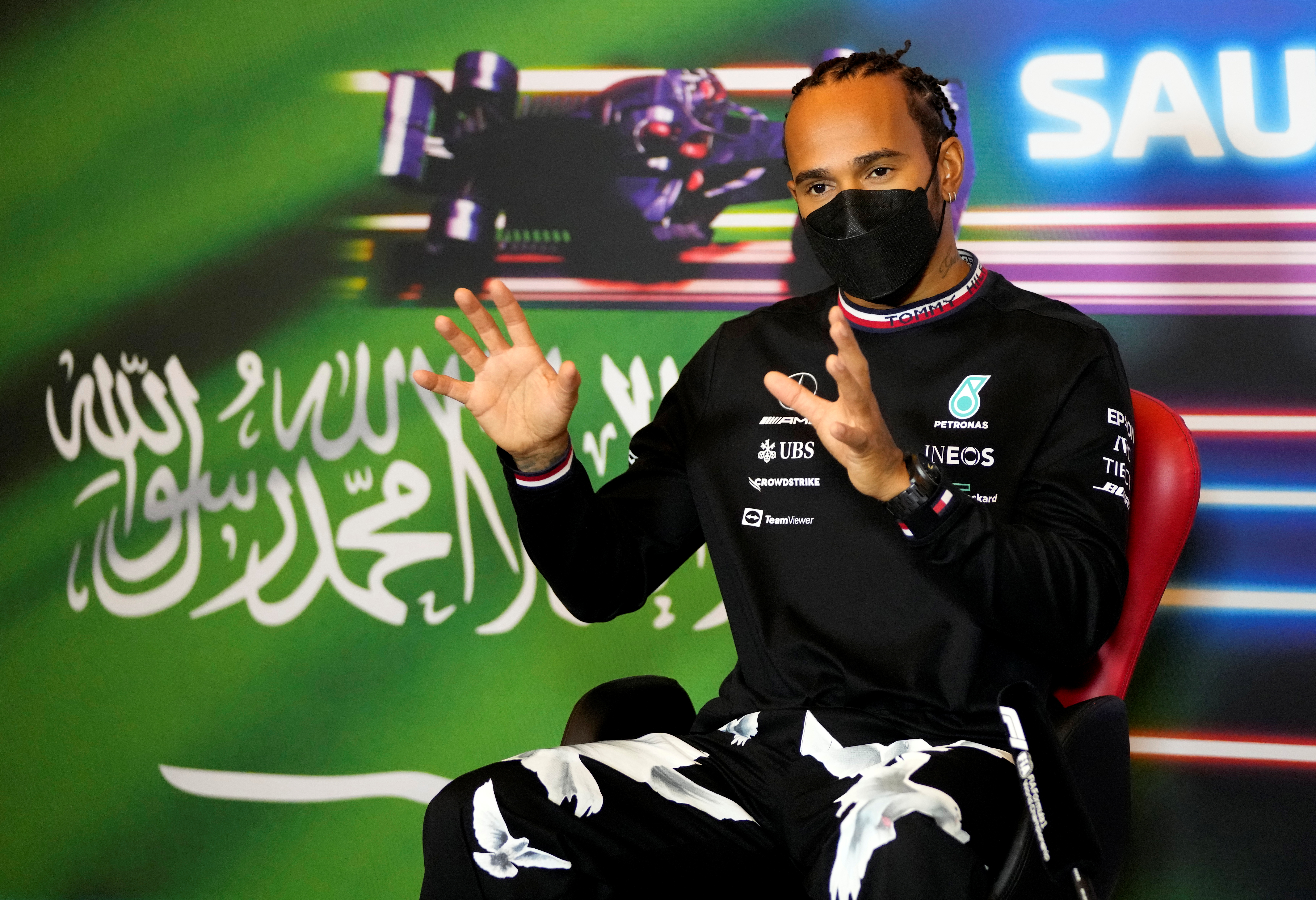 Formula One F1- Saudi Arabian Grand Prix - Jeddah Corniche Circuit, Jeddah, Saudi Arabia - December 2, 2021 Mercedes' Lewis Hamilton during the press conference Hassan Ammar/Pool via REUTERS