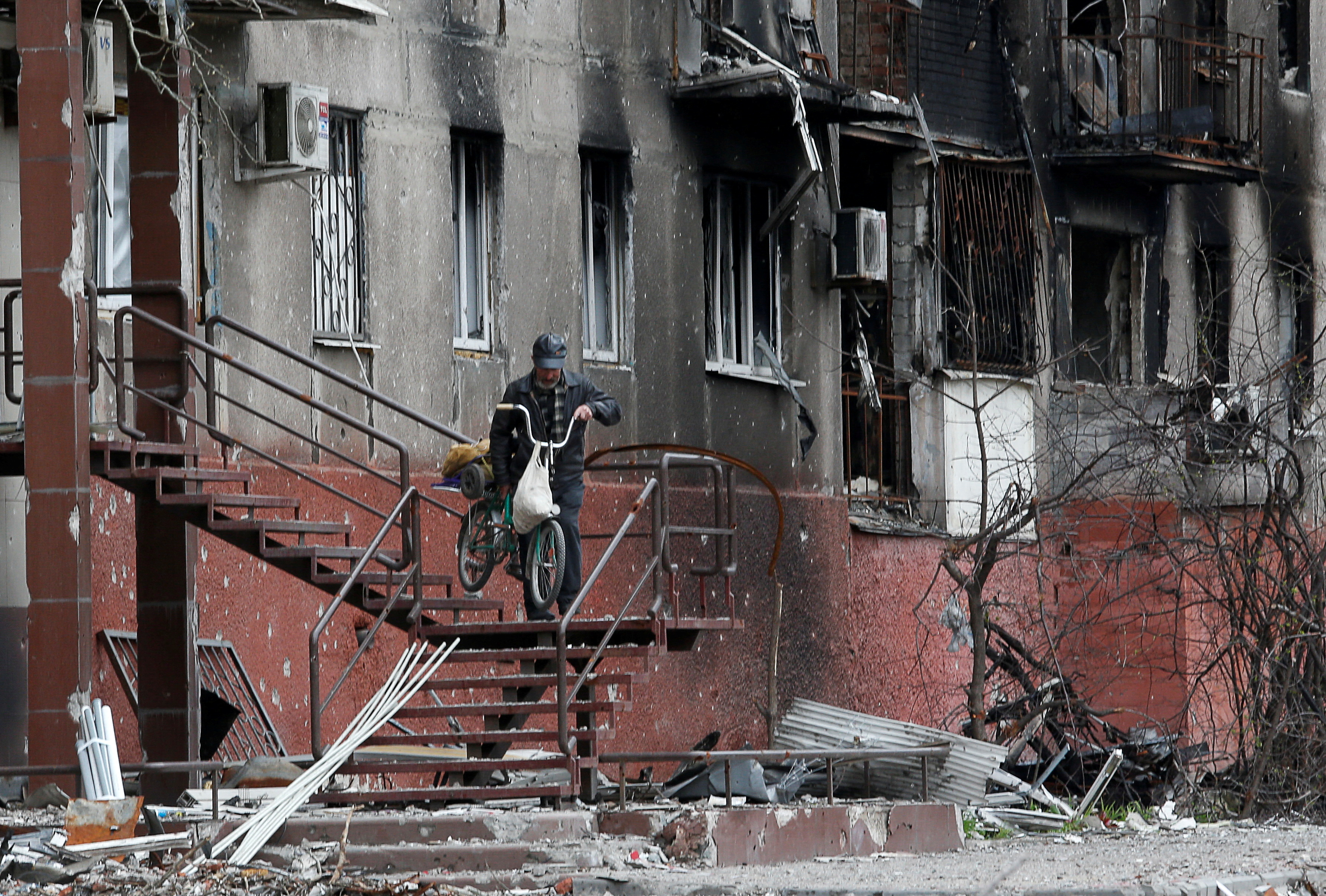 A view shows a damaged building in Mariupol