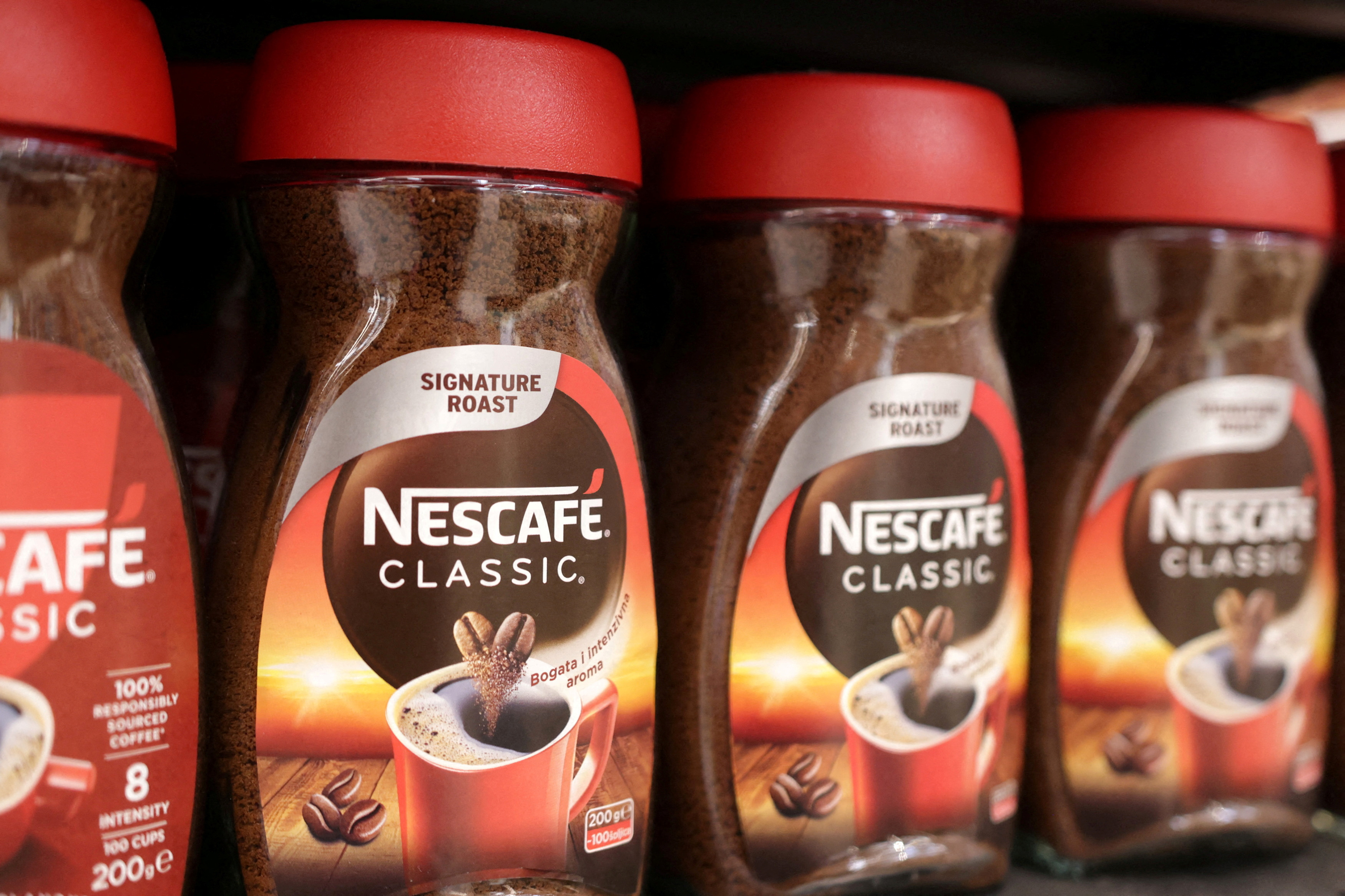 Nescafé Classic jars on a supermarket shelf