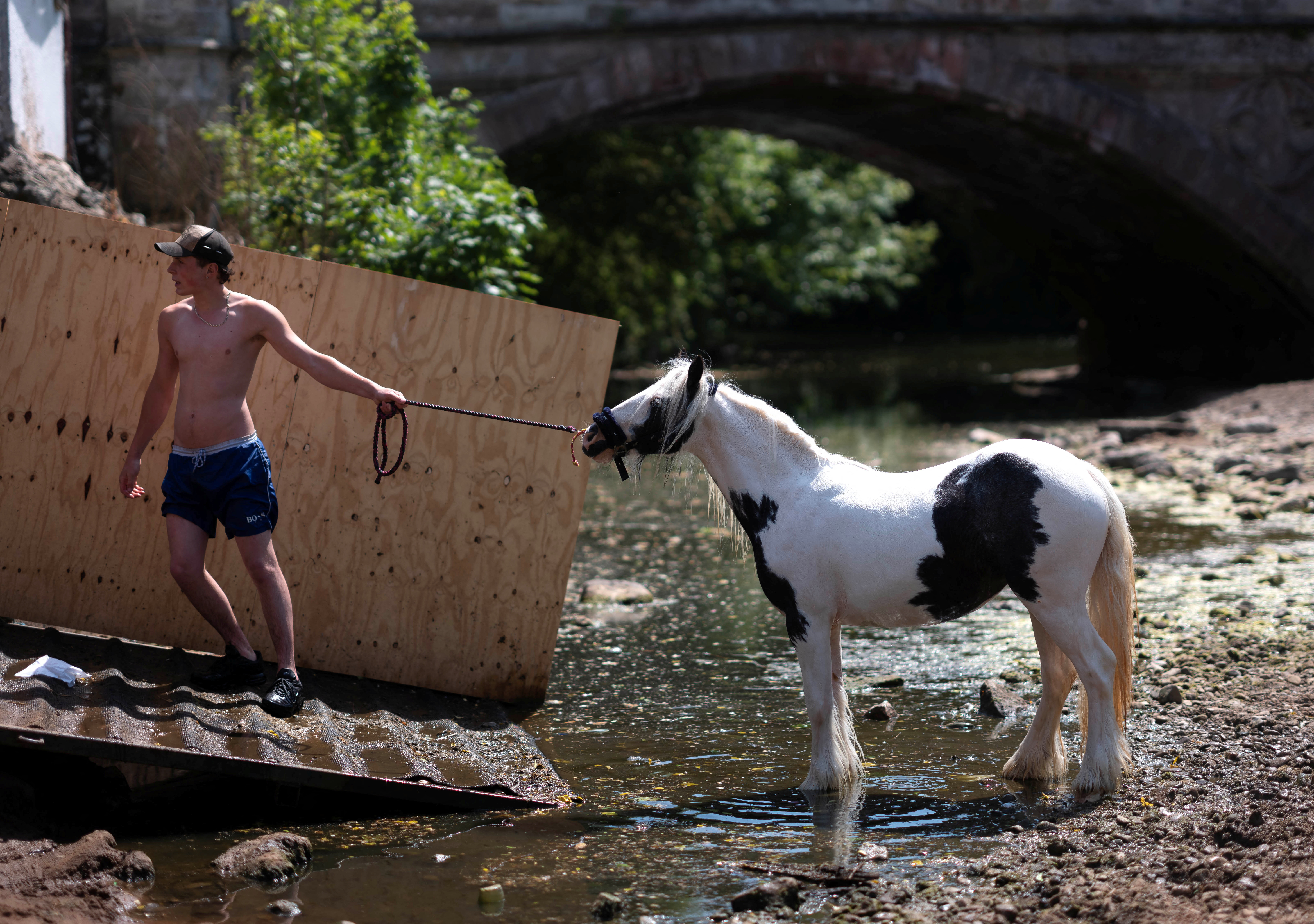 A member of the traveller community leads his horse out of the river Eden during the annual horse fair in Appleby-in-Westmorland, Britain