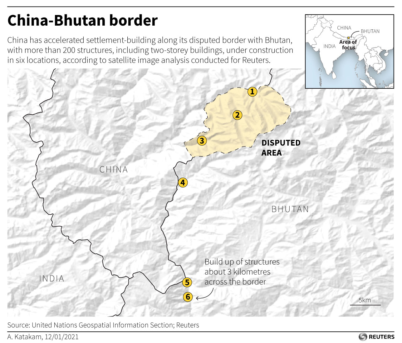 China has accelerated settlement-building along its disputed border with Bhutan, with more than 200 structures, including two-storey buildings, under construction in six locations, according to satellite image analysis conducted for Reuters.