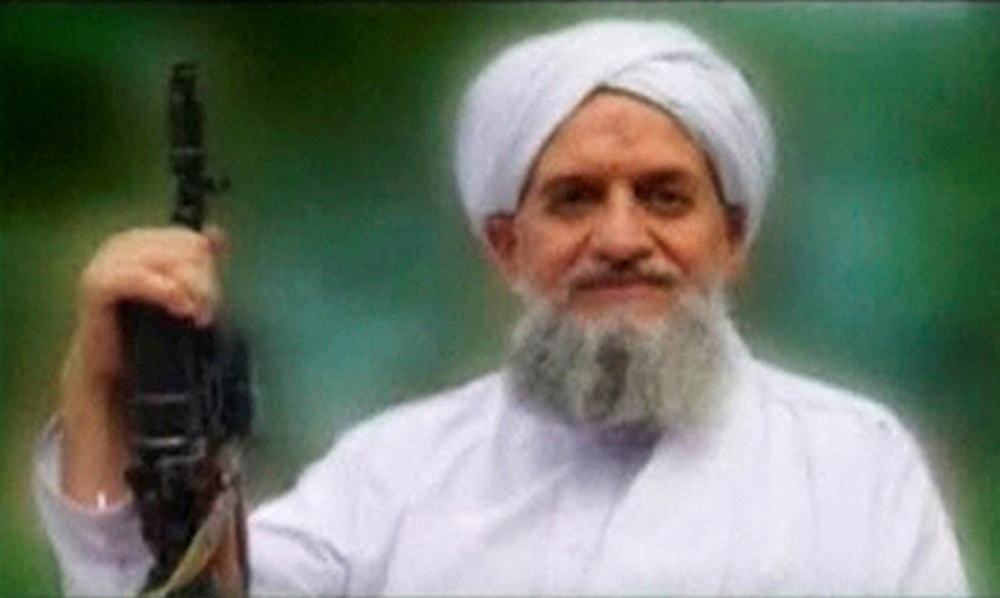 A photo of Al Qaeda leader Ayman al-Zawahiri is seen in this still image taken from a video