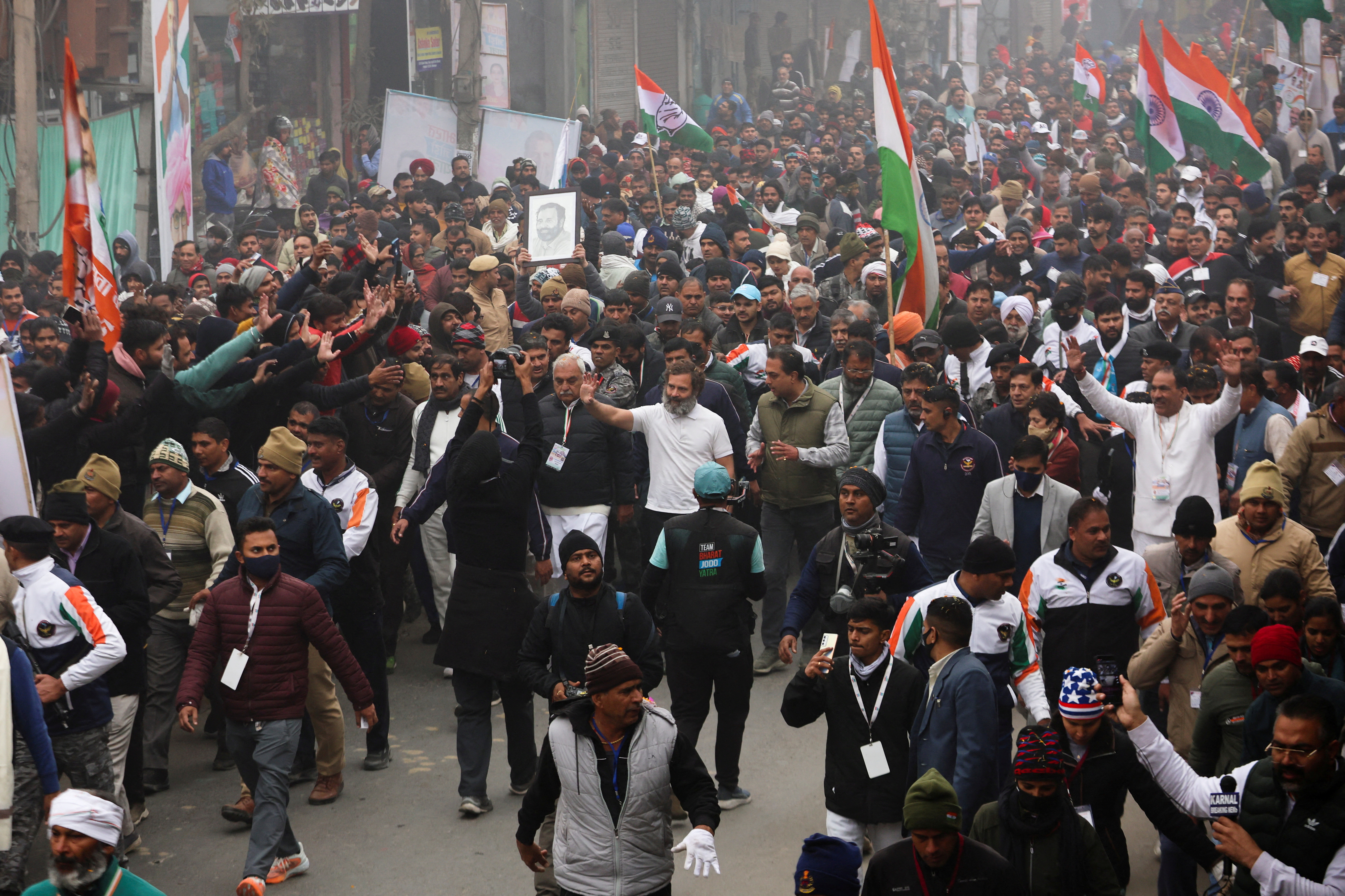 Rahul Gandhi, the leader of India's main opposition Congress party walks along with his supporters in Panipat, India