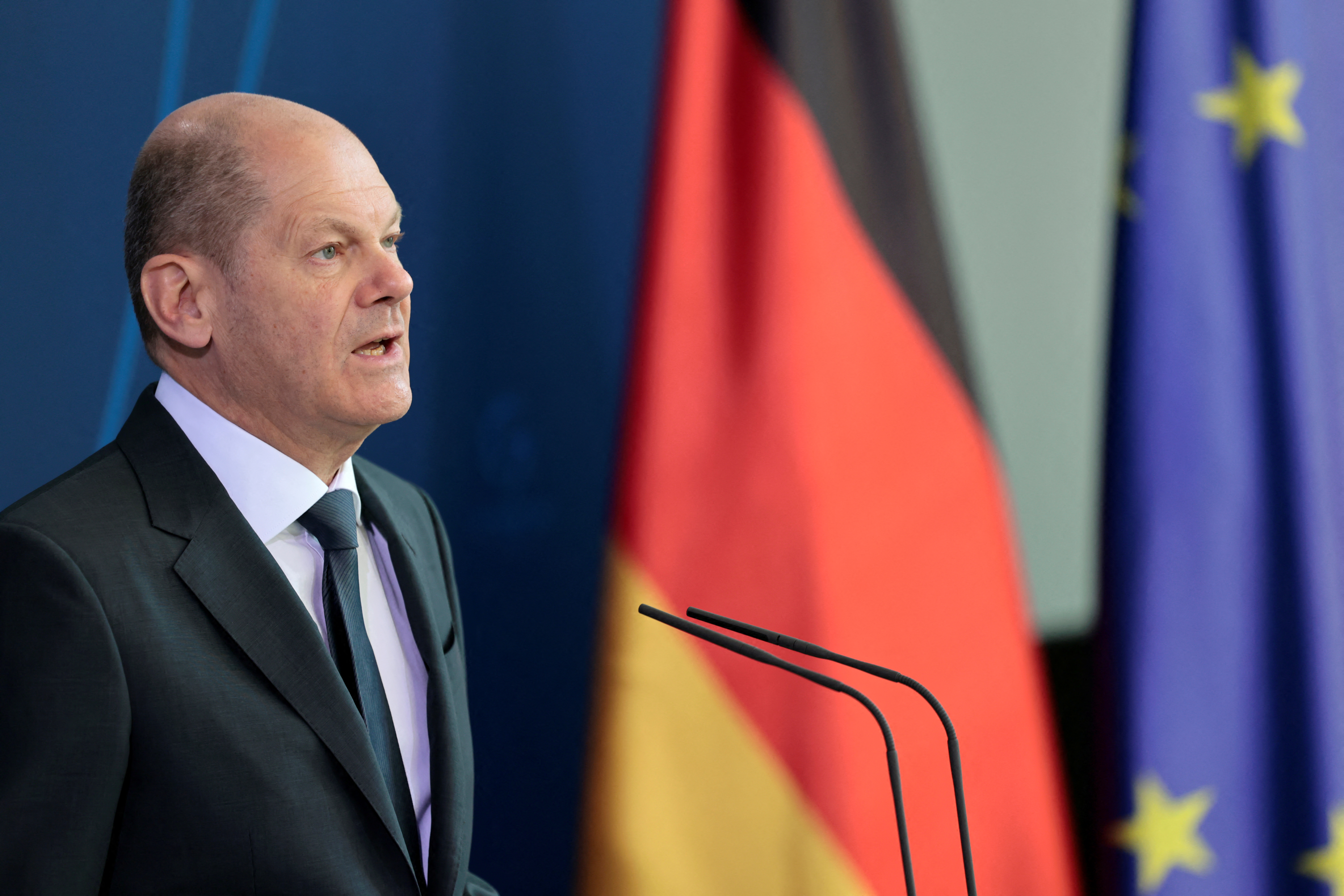 German Chancellor Olaf Scholz gives a press statement at the Chancellery in Berlin