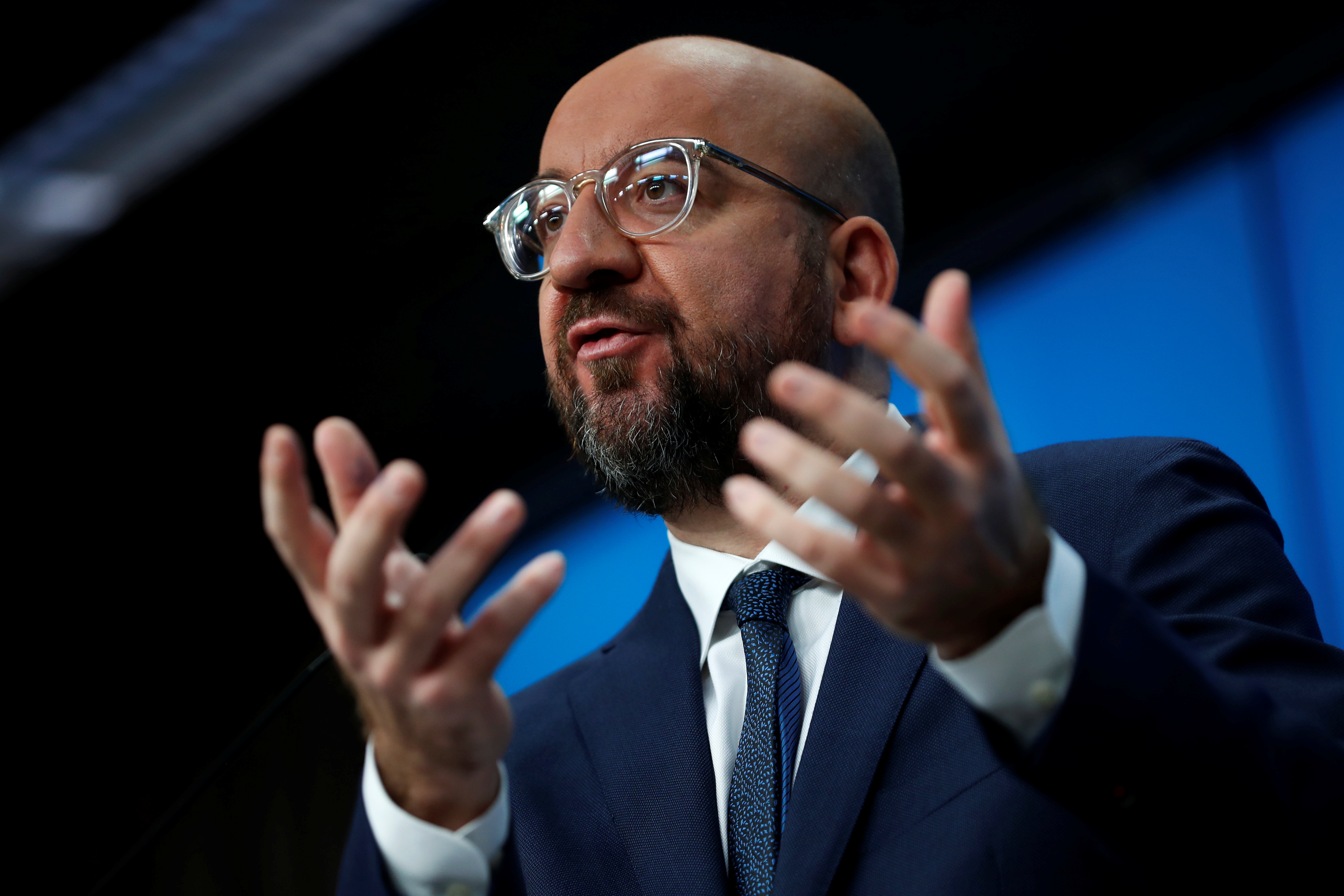 EU Council President Charles Michel talks during a news conference on the future challenges the European Union will have to face, in Brussels