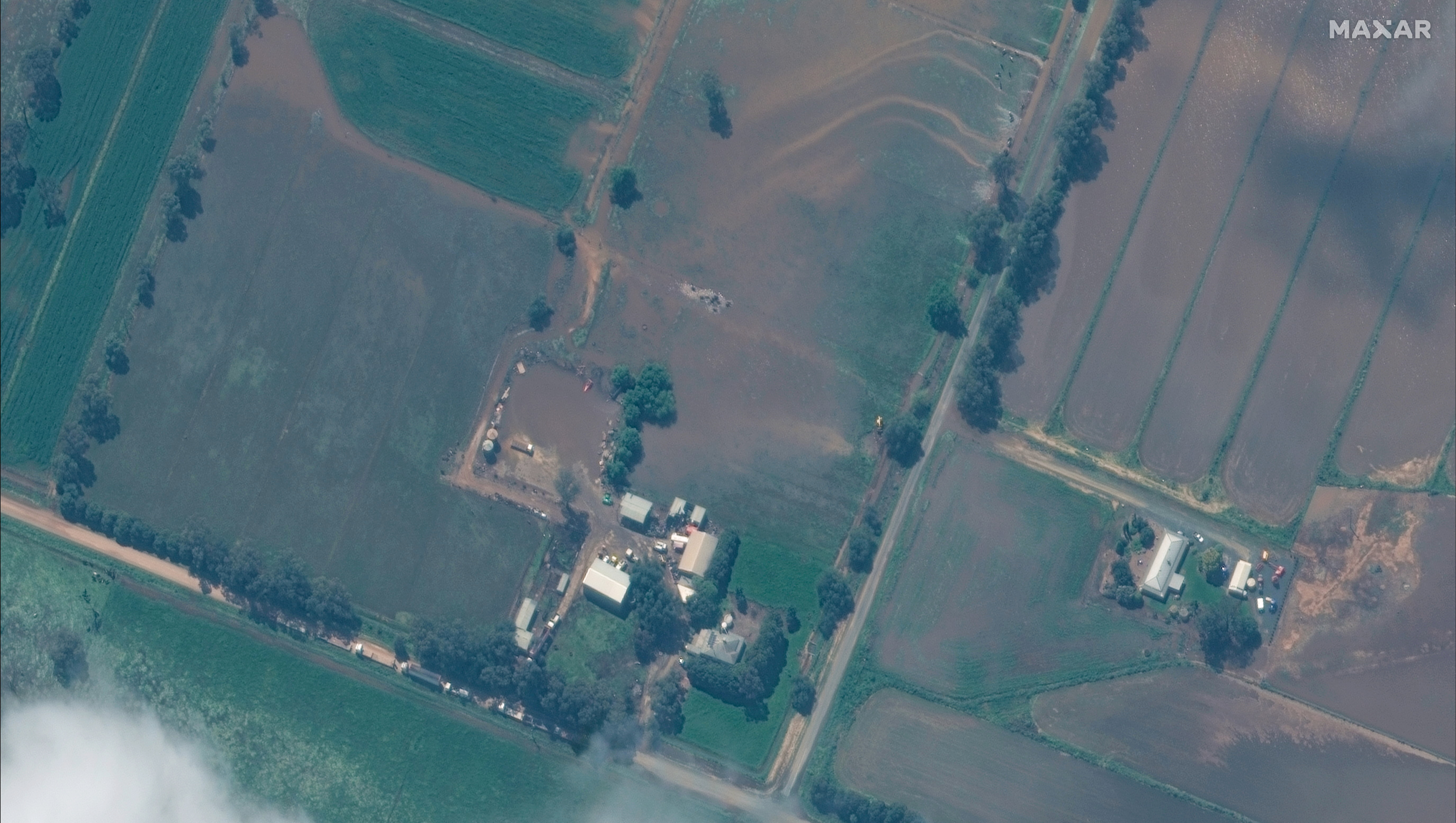 A satellite image shows a flooded farm in Rochester, Australia