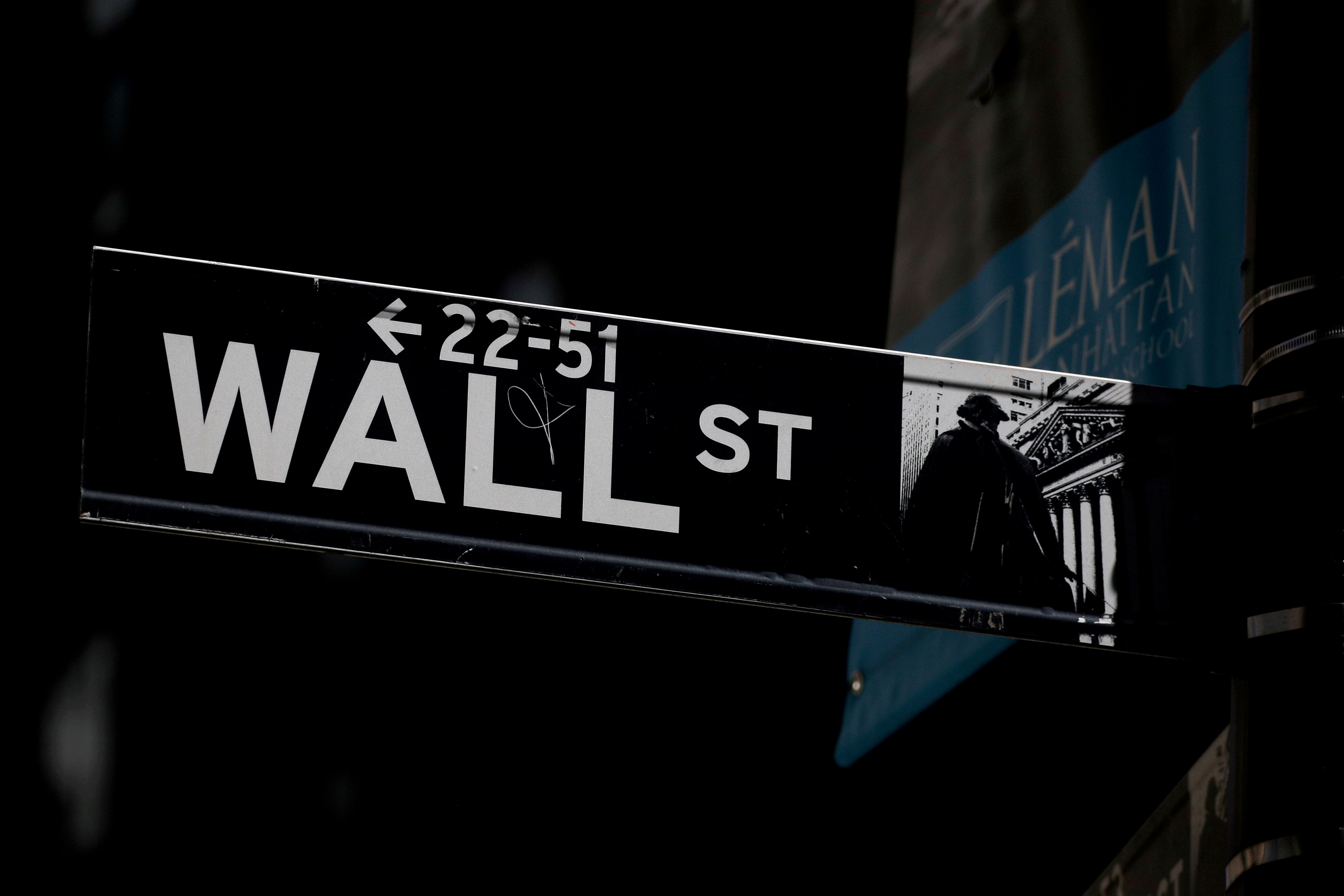A Wall St. street sign is seen near the NYSE in New York