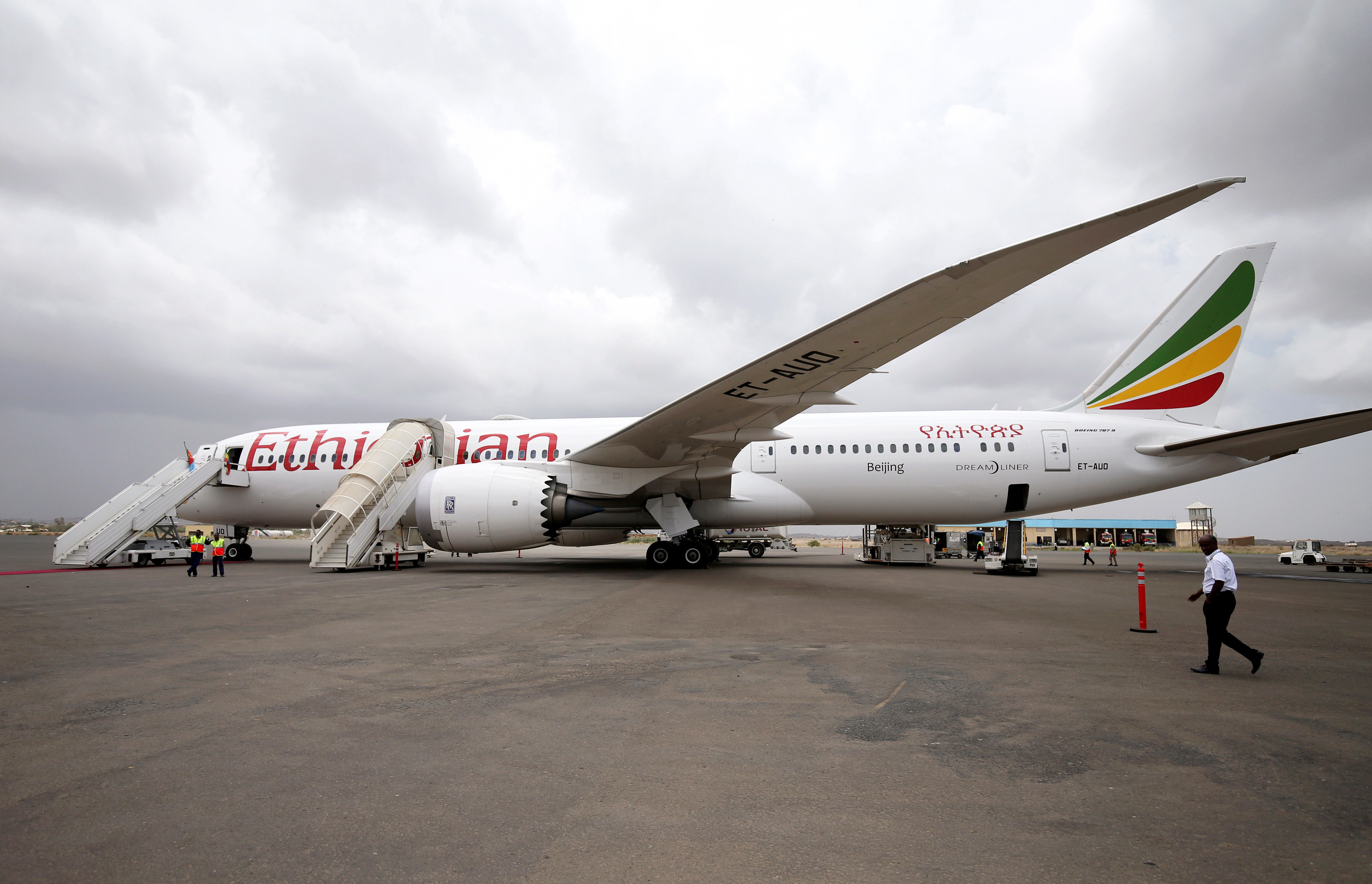 An Ethiopian Airlines Boeing 787 plane is seen at the Asmara International Airport in Asmara