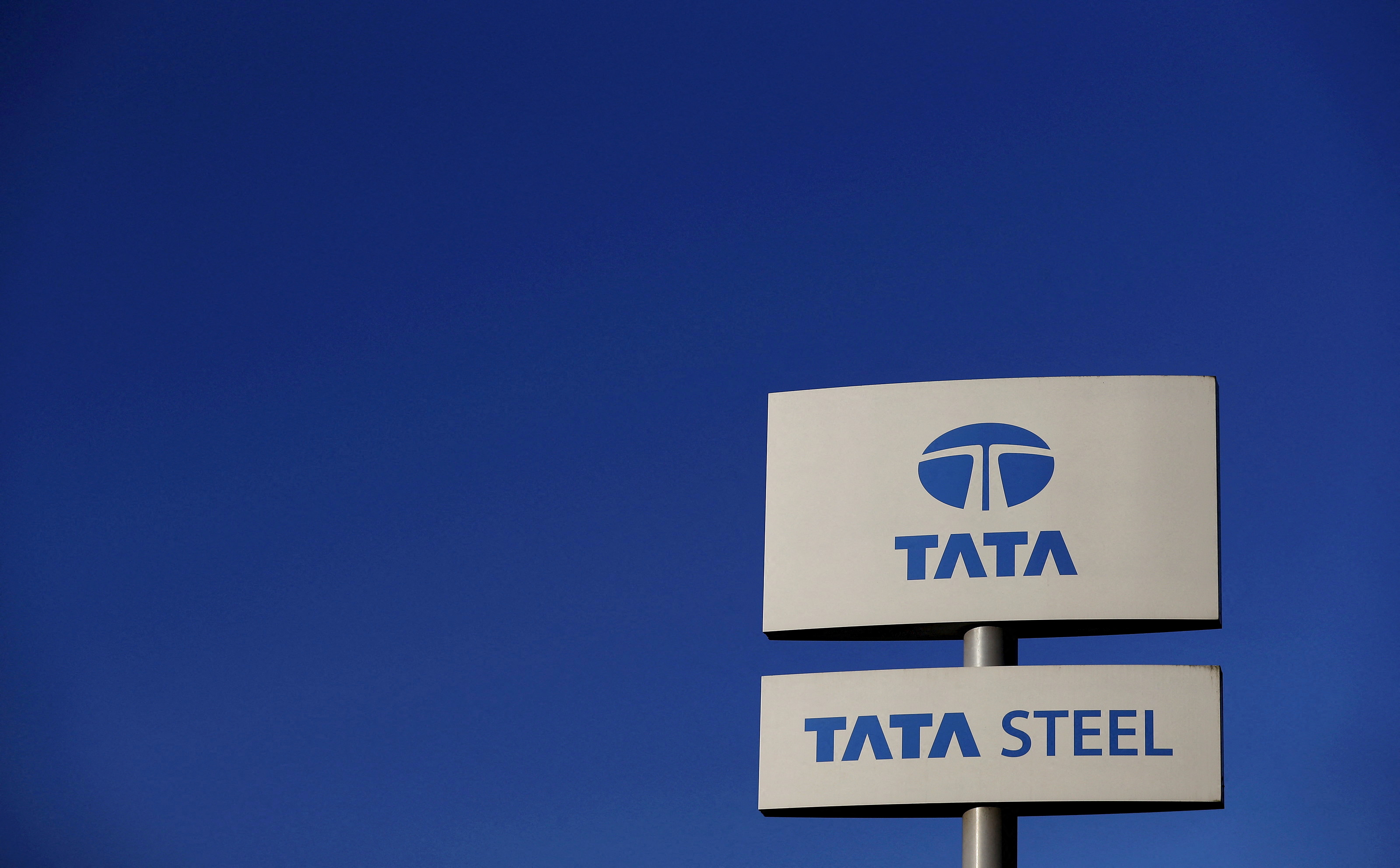 Company logo seen outside the Tata steelworks near Rotherham in Britain