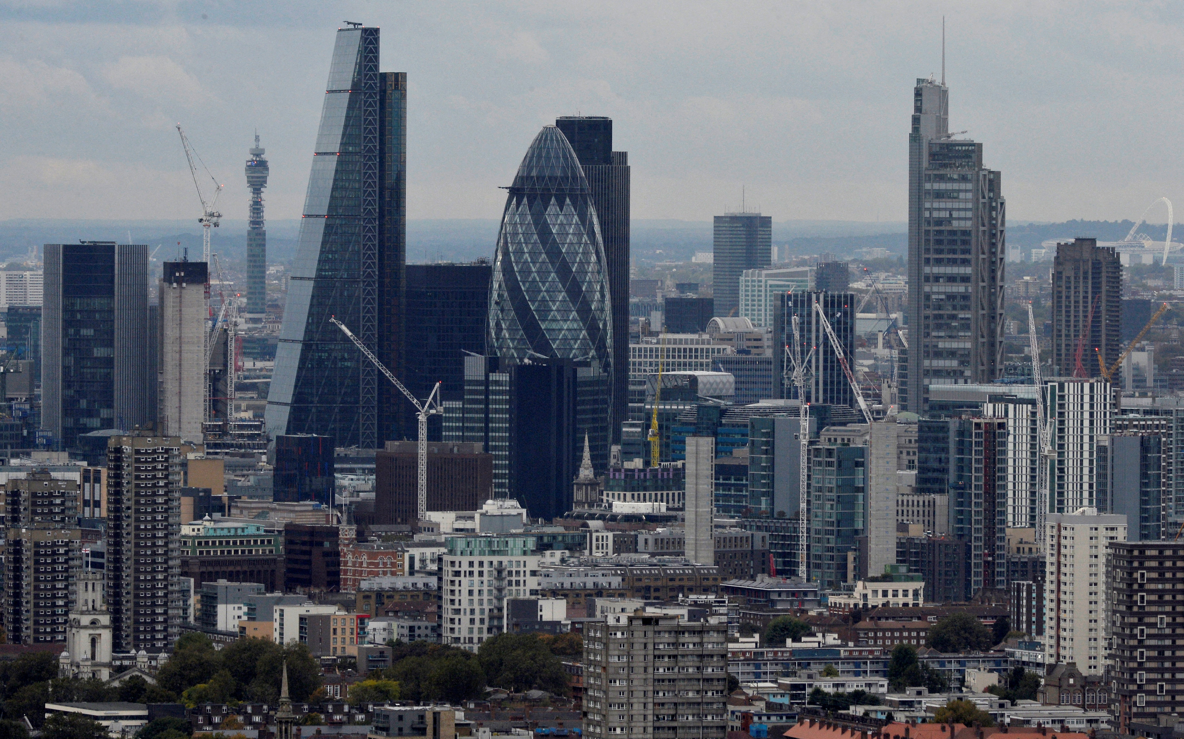 A general view is seen of the London skyline from Canary Wharf in London