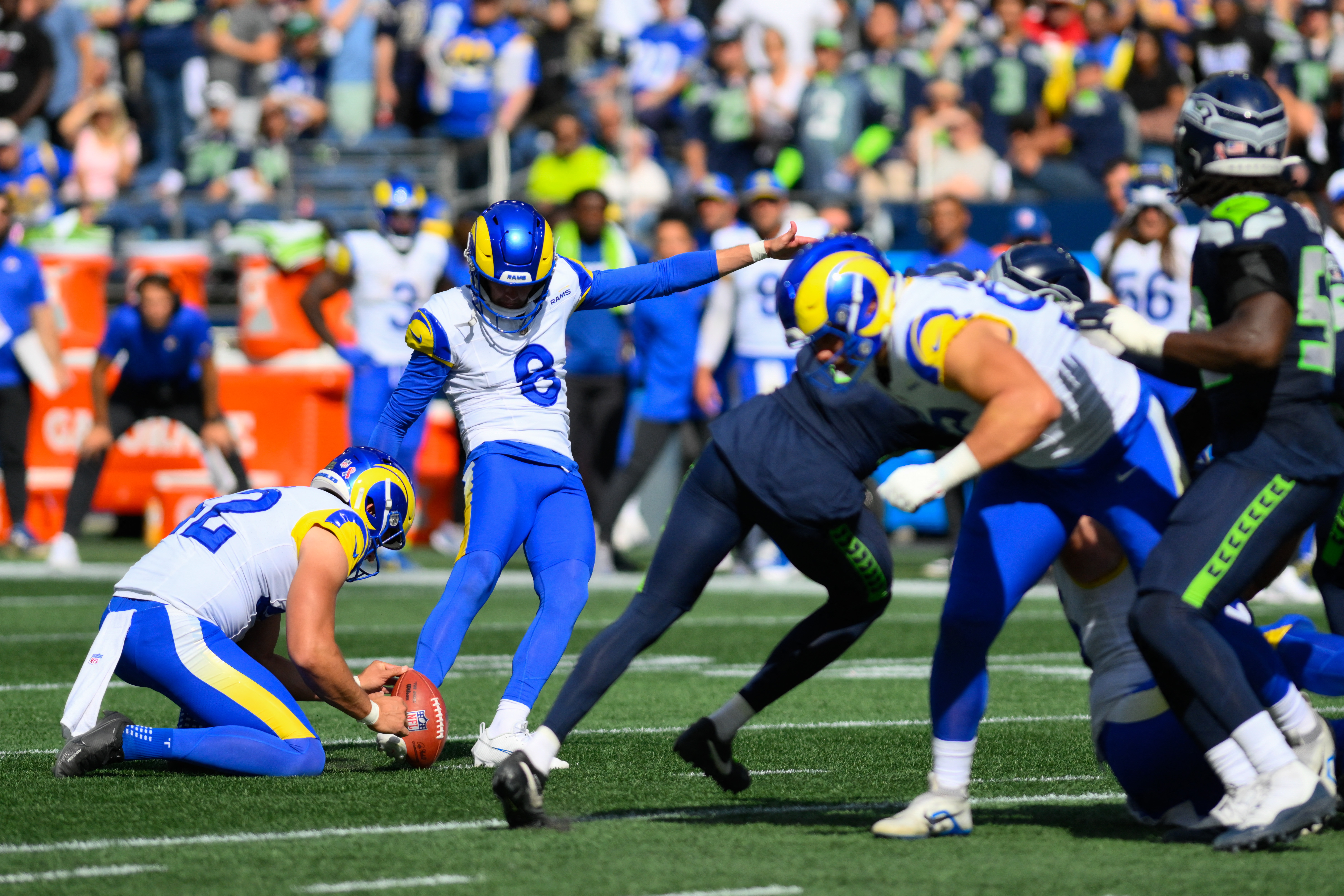 Los Angeles Rams running back Kyren Williams celebrates after scoring  against the Seattle Seahawks during the second half of an NFL football game  Sunday, Sept. 10, 2023, in Seattle. (AP Photo/Stephen Brashear