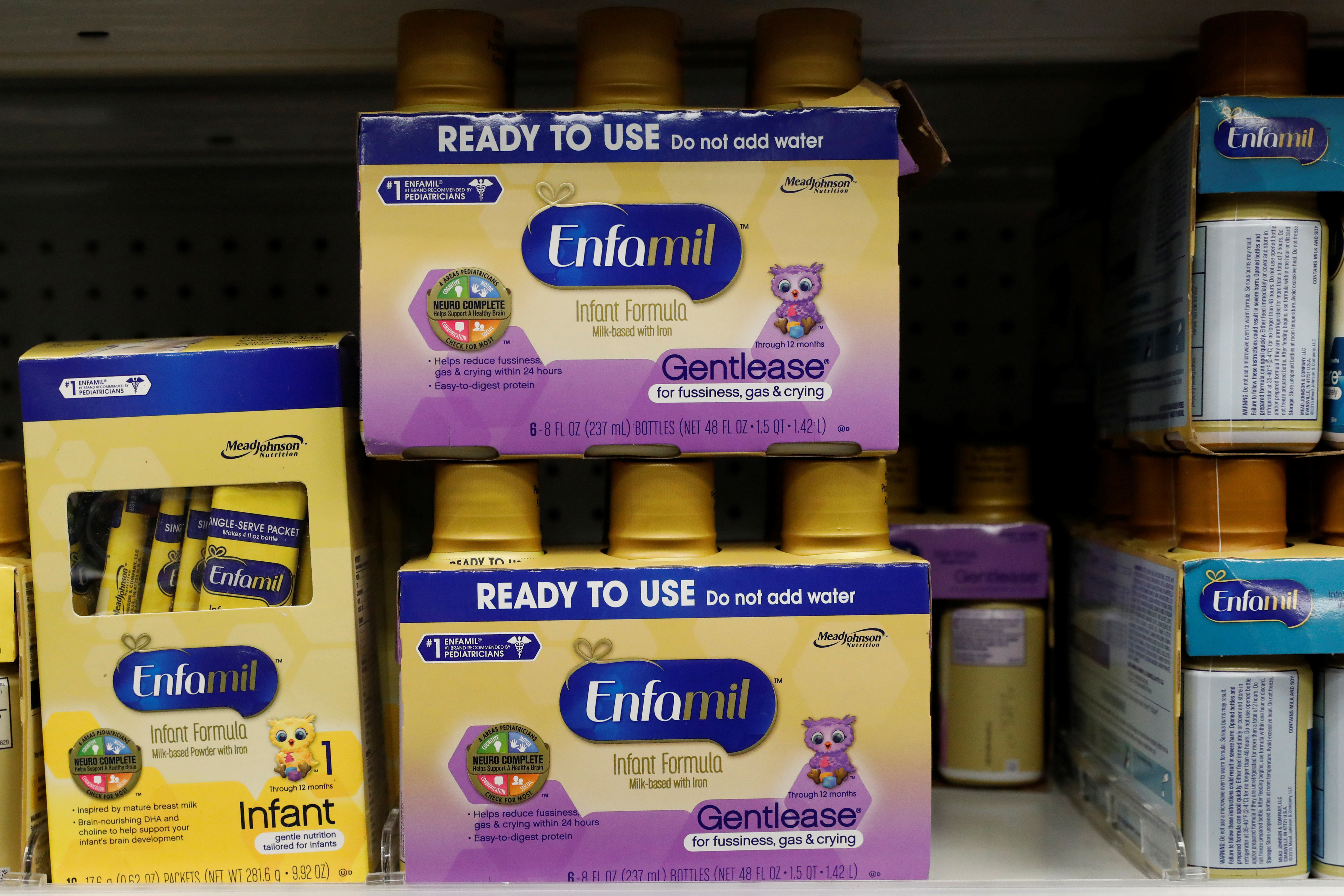 Mead Johnson's product Enfamil infant formula is displayed on a store shelf in New York