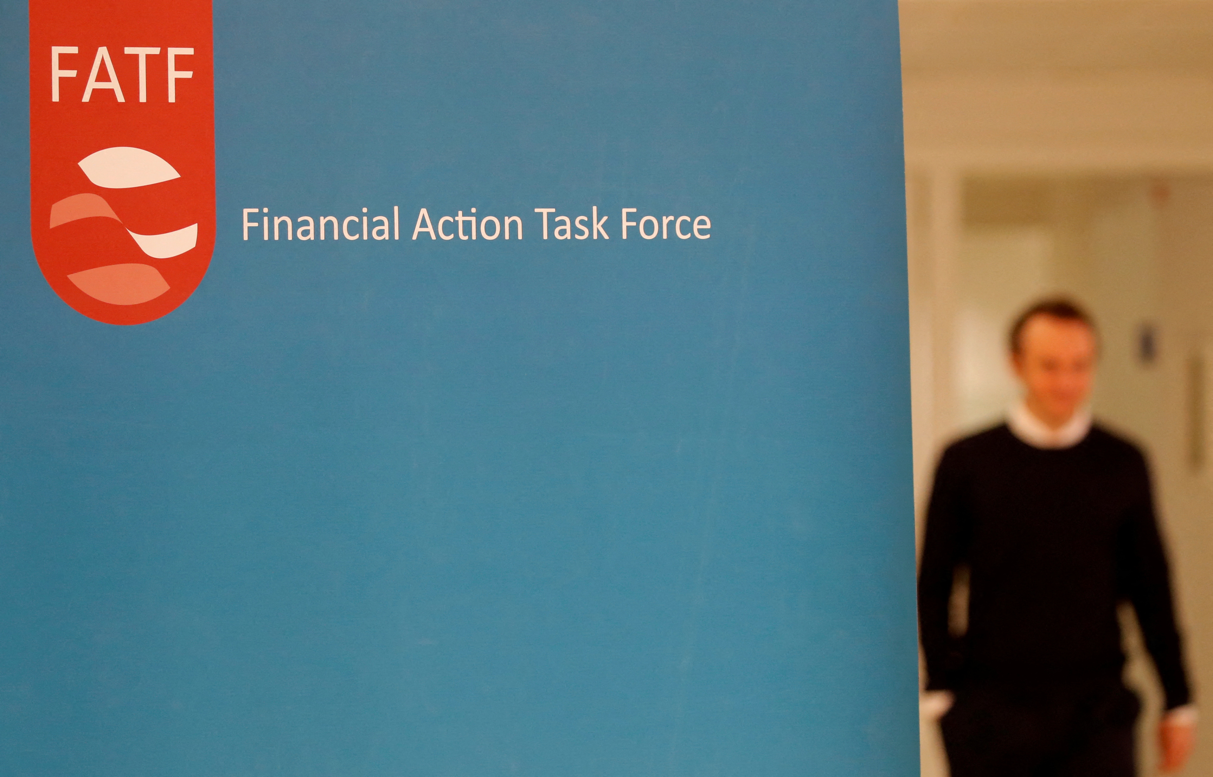 The logo of the FATF (the Financial Action Task Force) is seen during a news conference after a plenary session at the OECD Headquarters in Paris
