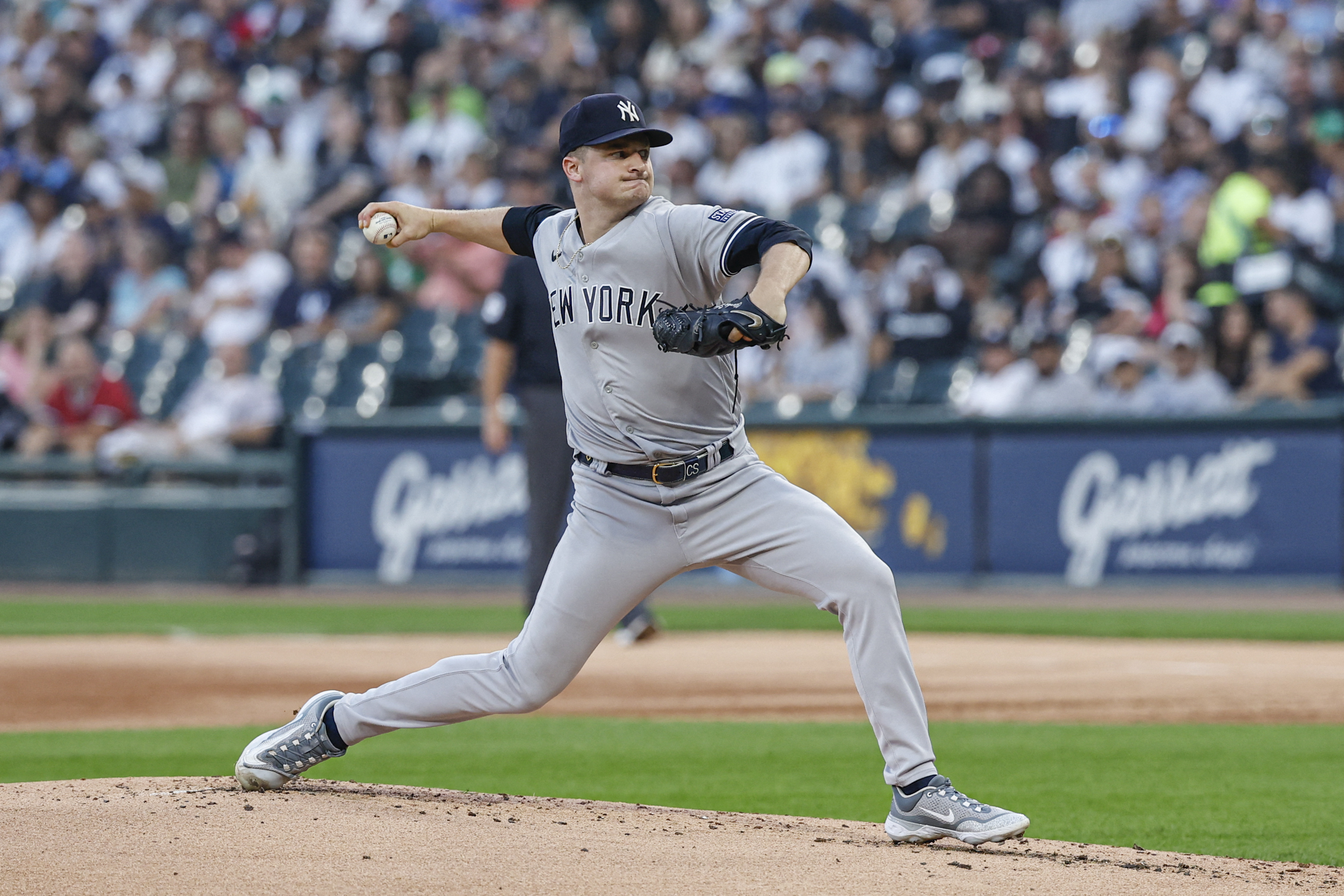 CHICAGO, IL - AUGUST 08: New York Yankees center fielder Isiah Kiner-Falefa  (12) throws the ball to third base for an out during a Major League  Baseball game between the New York