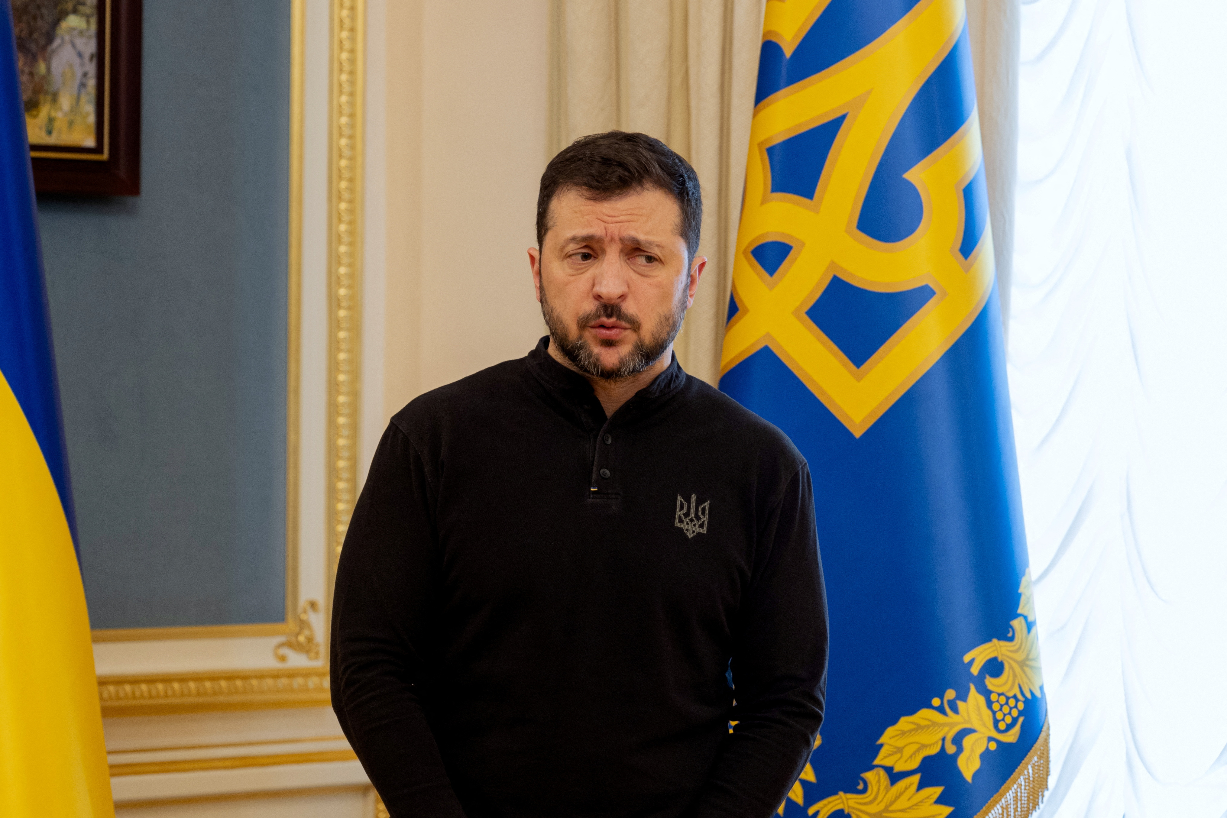 Ukrainian President Volodymyr Zelensky addressing journalists at a press conference in Kyiv