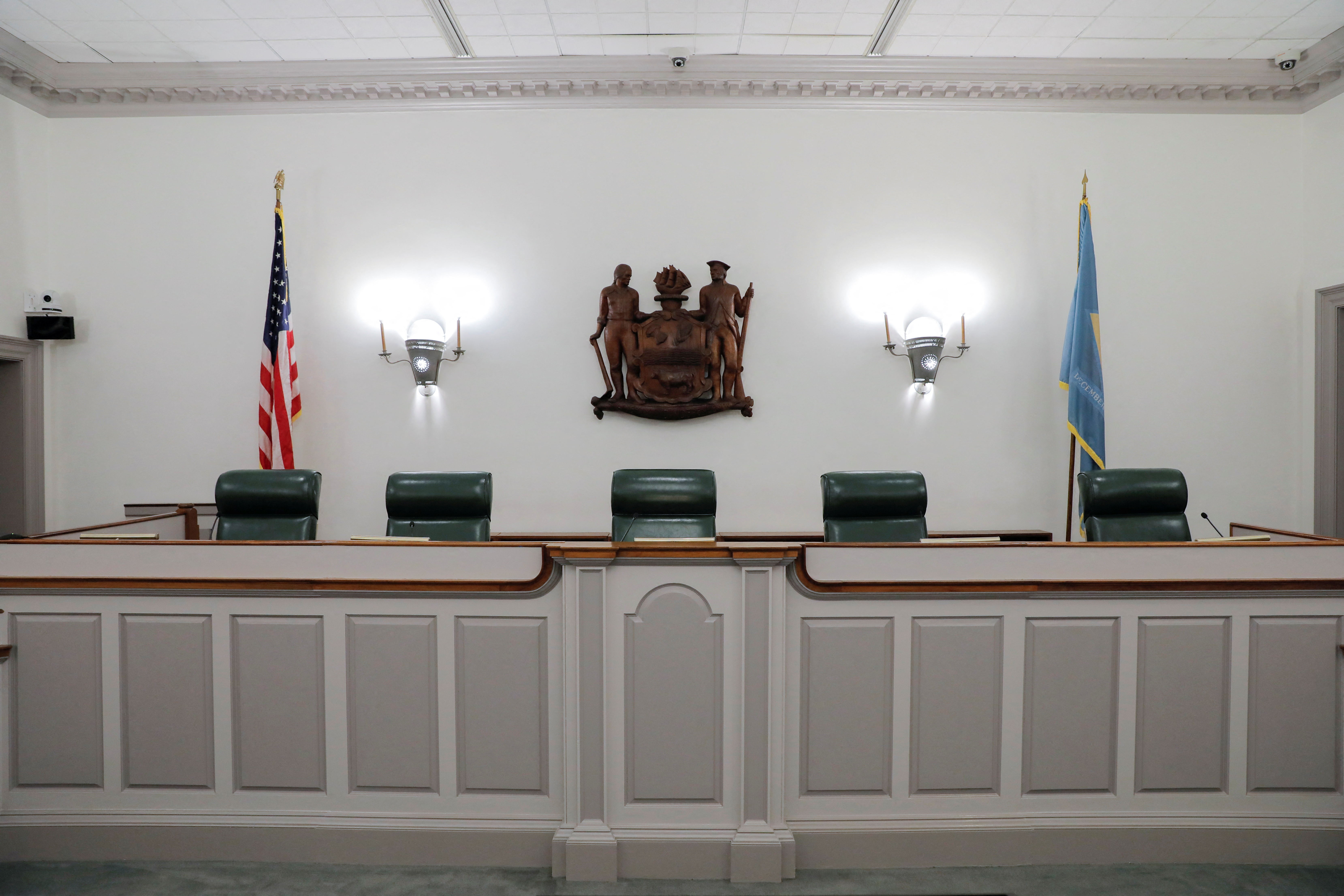 The judge's bench is seen in a courtroom at the Delaware Supreme Court in Dover, Delaware