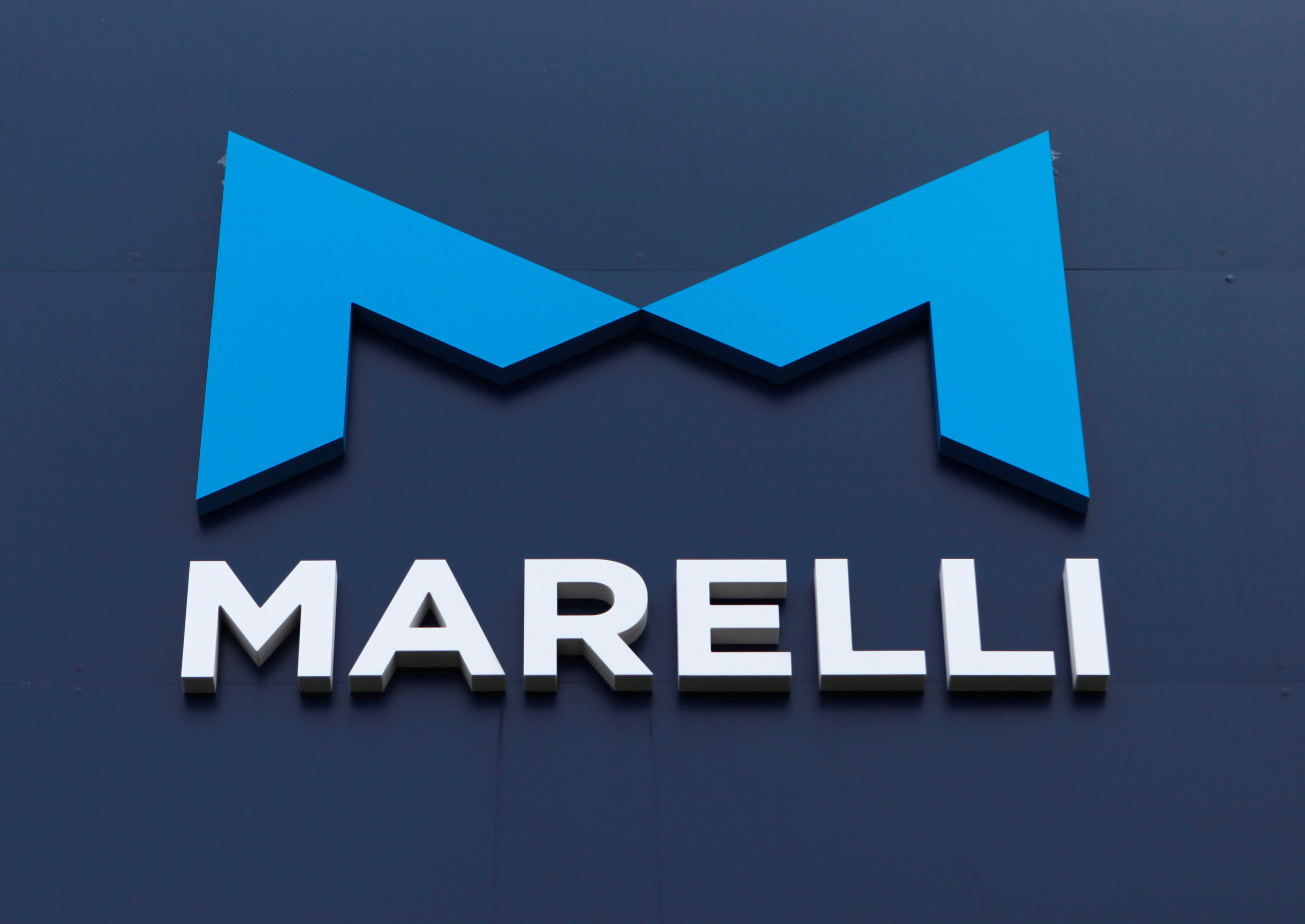 The company logo of Marelli is displayed at the factory in Ora Town, Japan