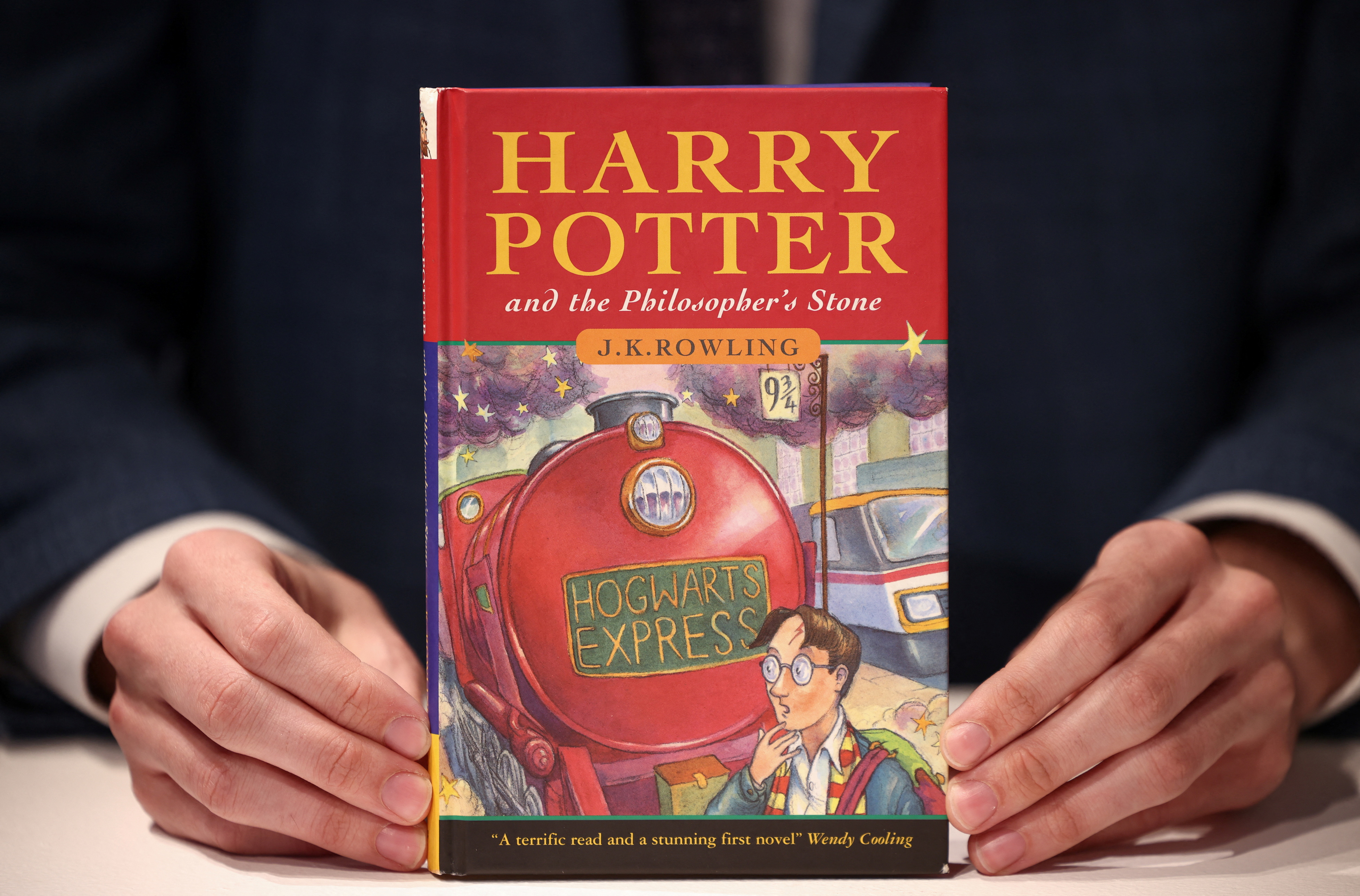 Rare first edition copy of 'Harry Potter and the Philosophers Stone' by British author J.K. Rowling at Christie's auction house in London