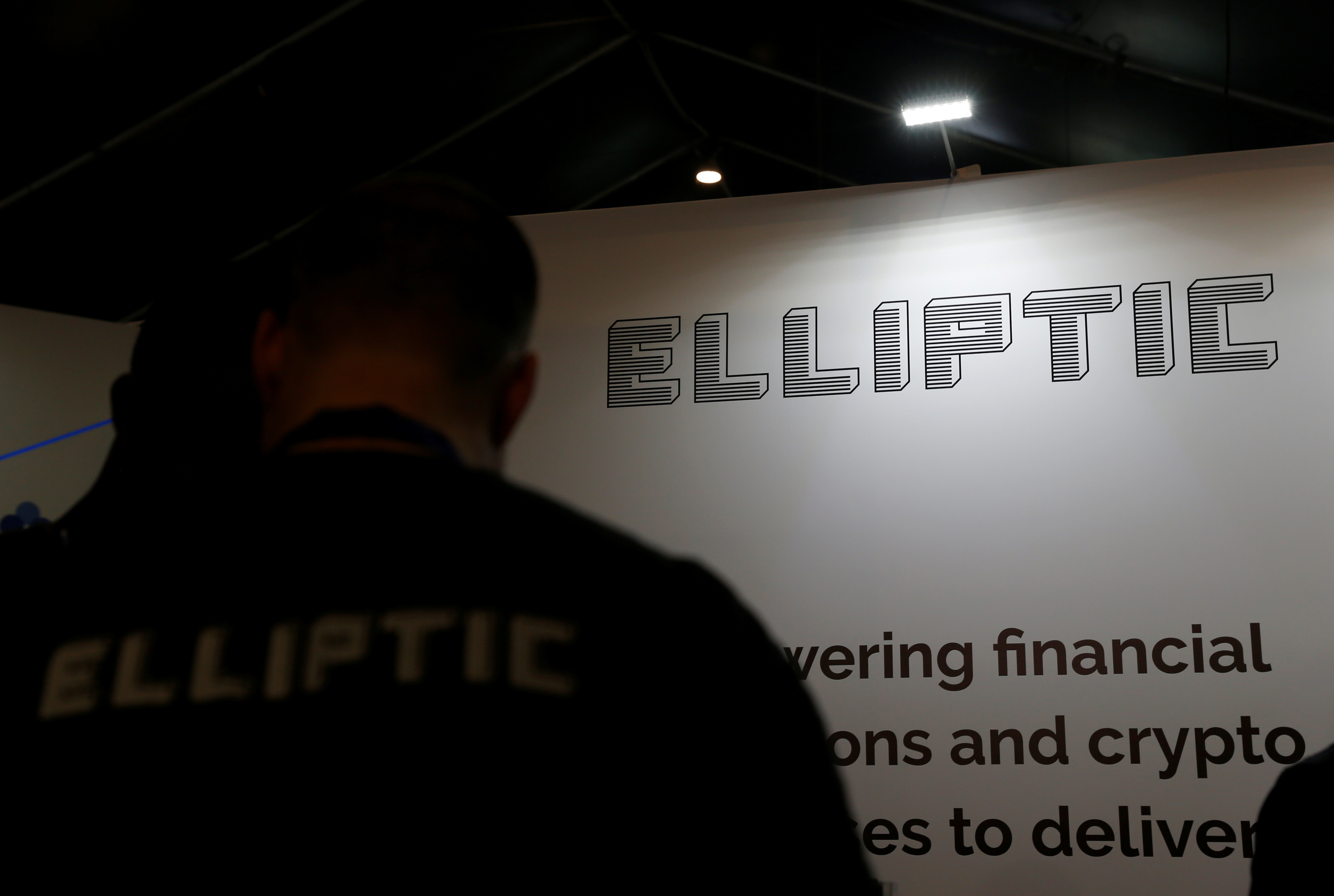 The logo of Elliptic is seen on their exhibition stand at the Delta Summit, Malta's official Blockchain and Digital Innovation event promoting cryptocurrency, in Ta' Qali