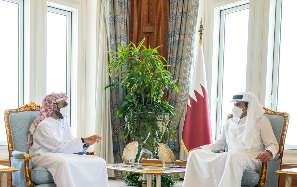 Qatar's Emir Sheikh Tamim bin Hamad al-Thani meets with National Security Adviser Sheikh Tahnoun bin Zayed al-Nayhan, in Doha