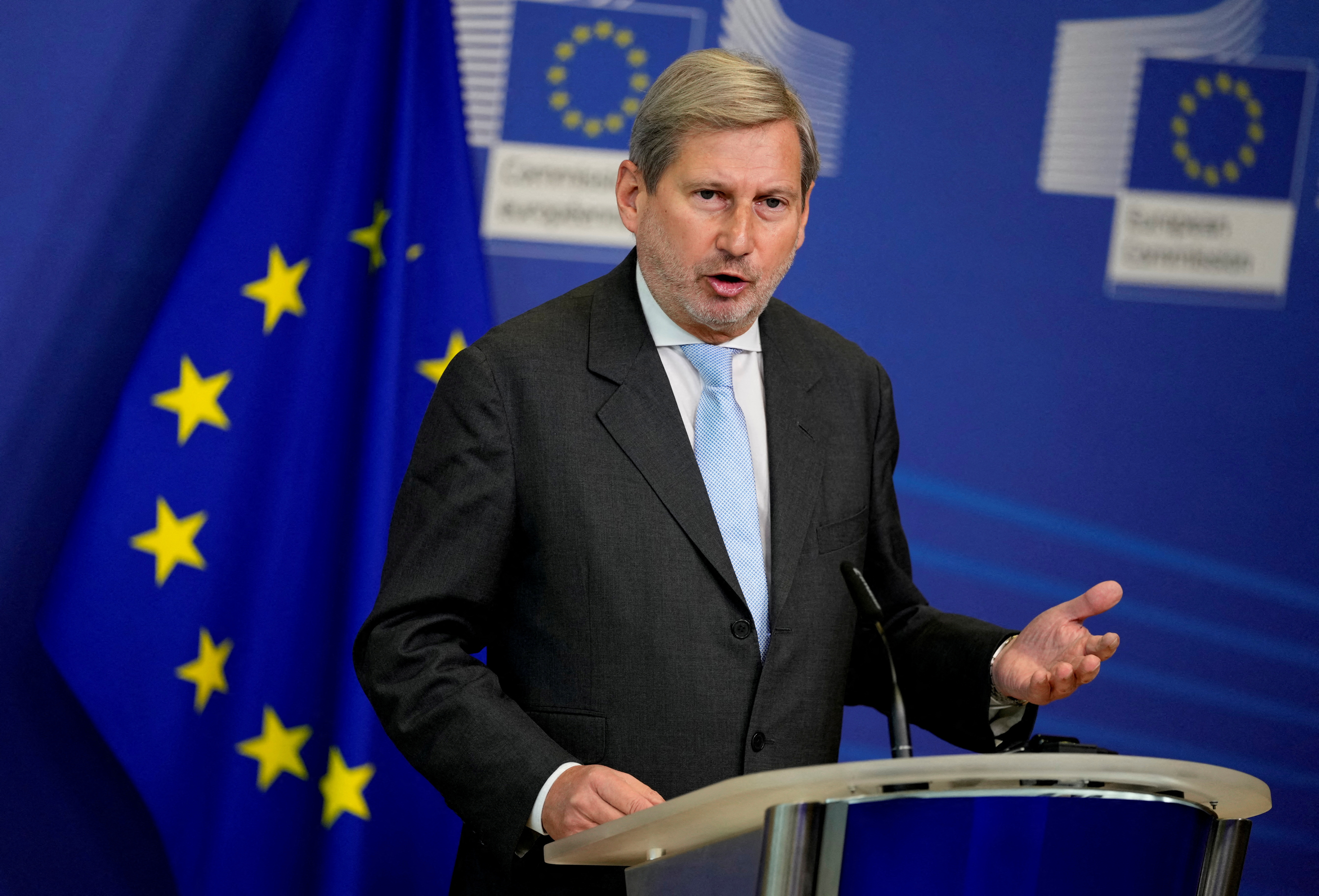 EU Commissioner for Budget and Administration Hahn addresses a media conference, in Brussels