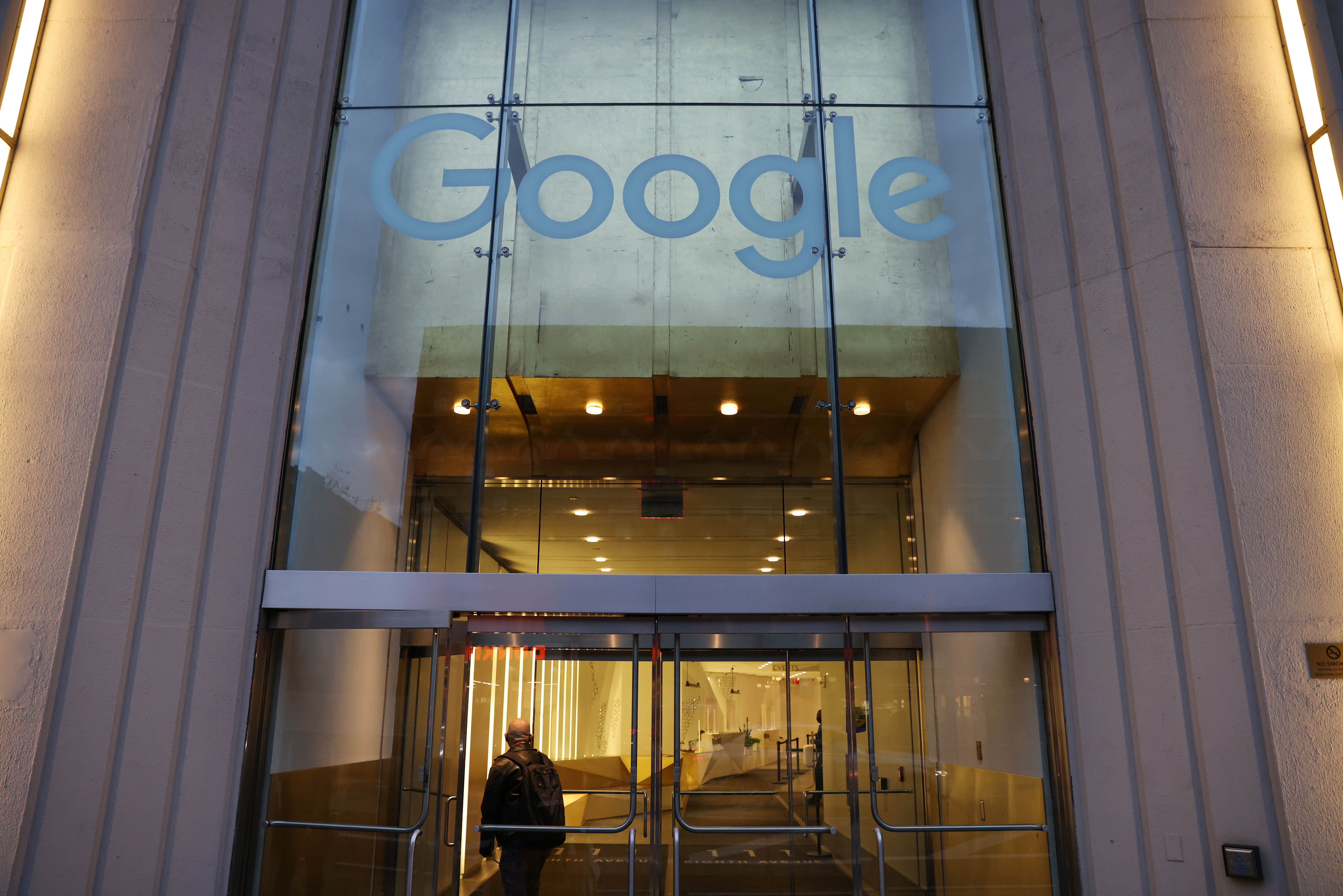 The logo for Google LLC is seen at their offices in Manhattan, New York City