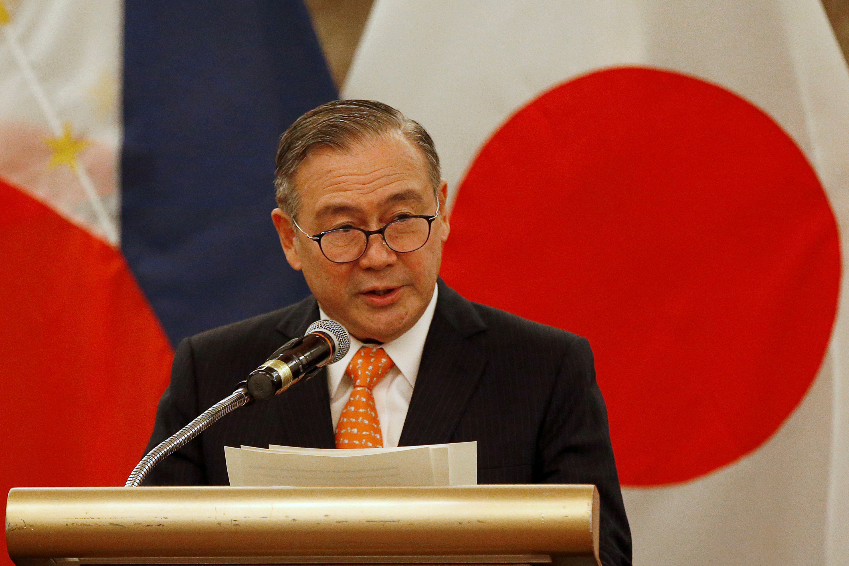 Philippines' Foreign Affairs Secretary Teodoro Locsin Jr. speaks during a press briefing with Japanese Foreign Minister Toshimitsu Motegi after their meeting in Manila