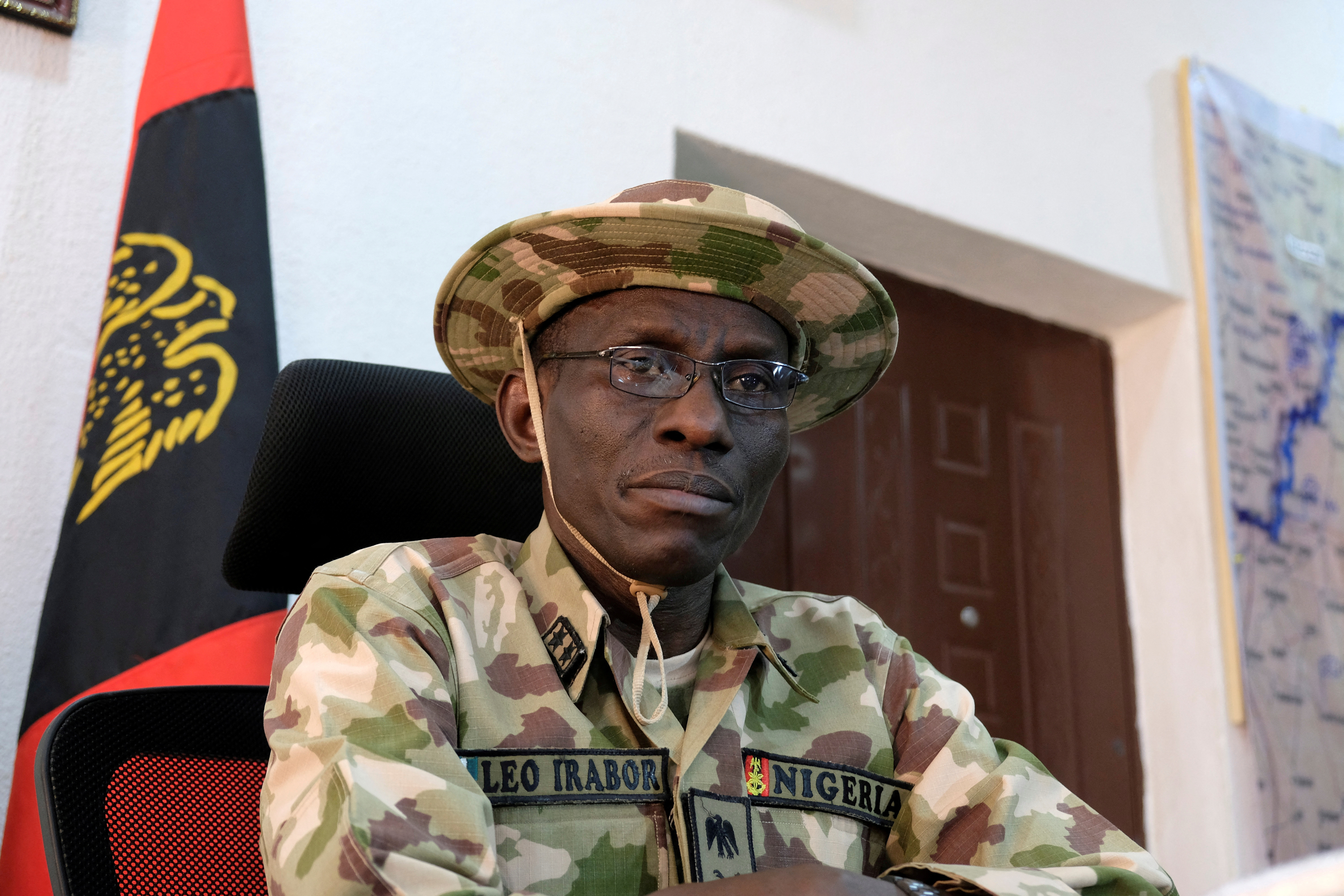 Major General Lucky Irabor, commander of the military's operation against Islamist insurgency Boko Haram in the country's northeast, speaks to media during an interview in Maiduguri