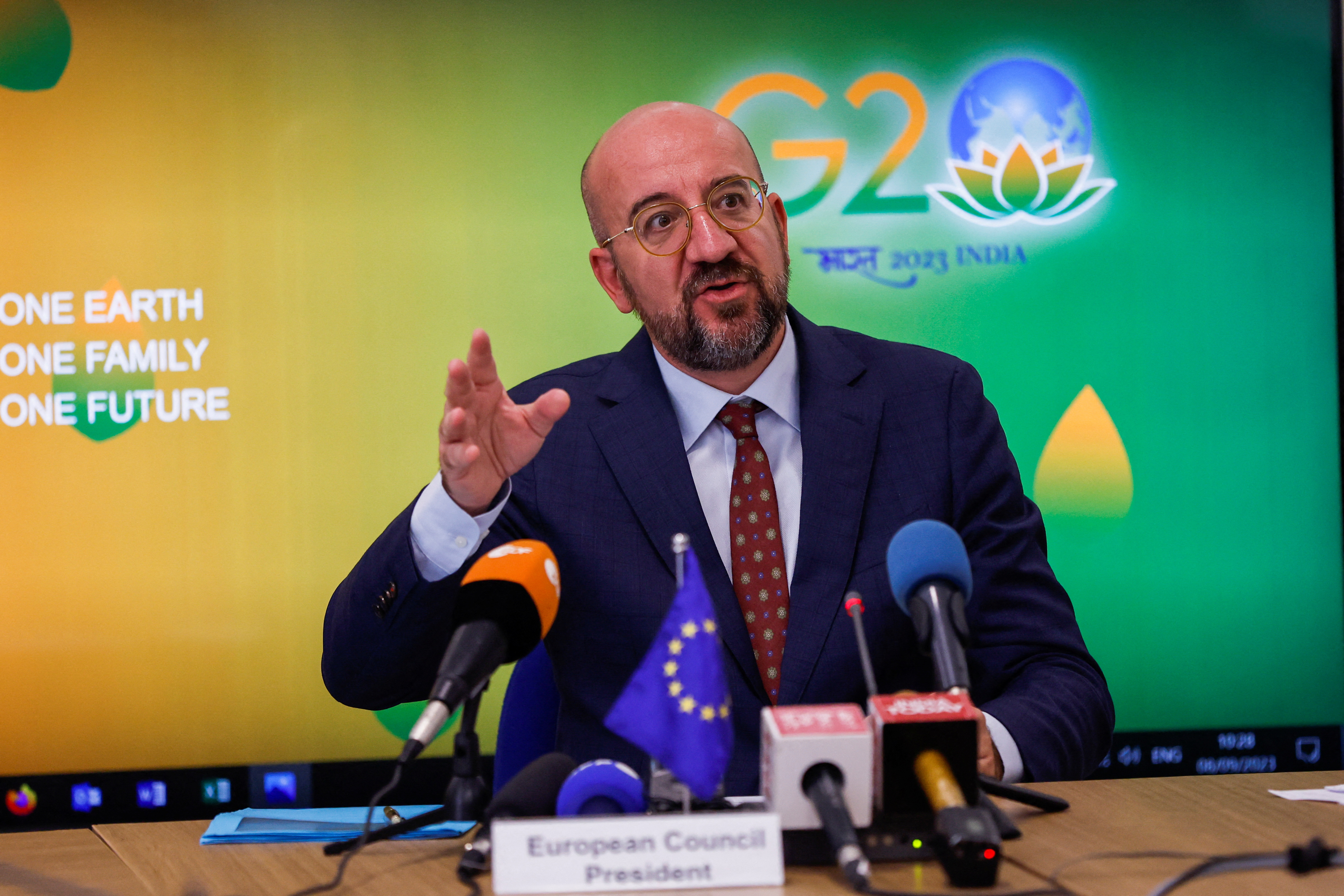 European Council President Michel attends a press briefing ahead of the G20 Summit in New Delhi