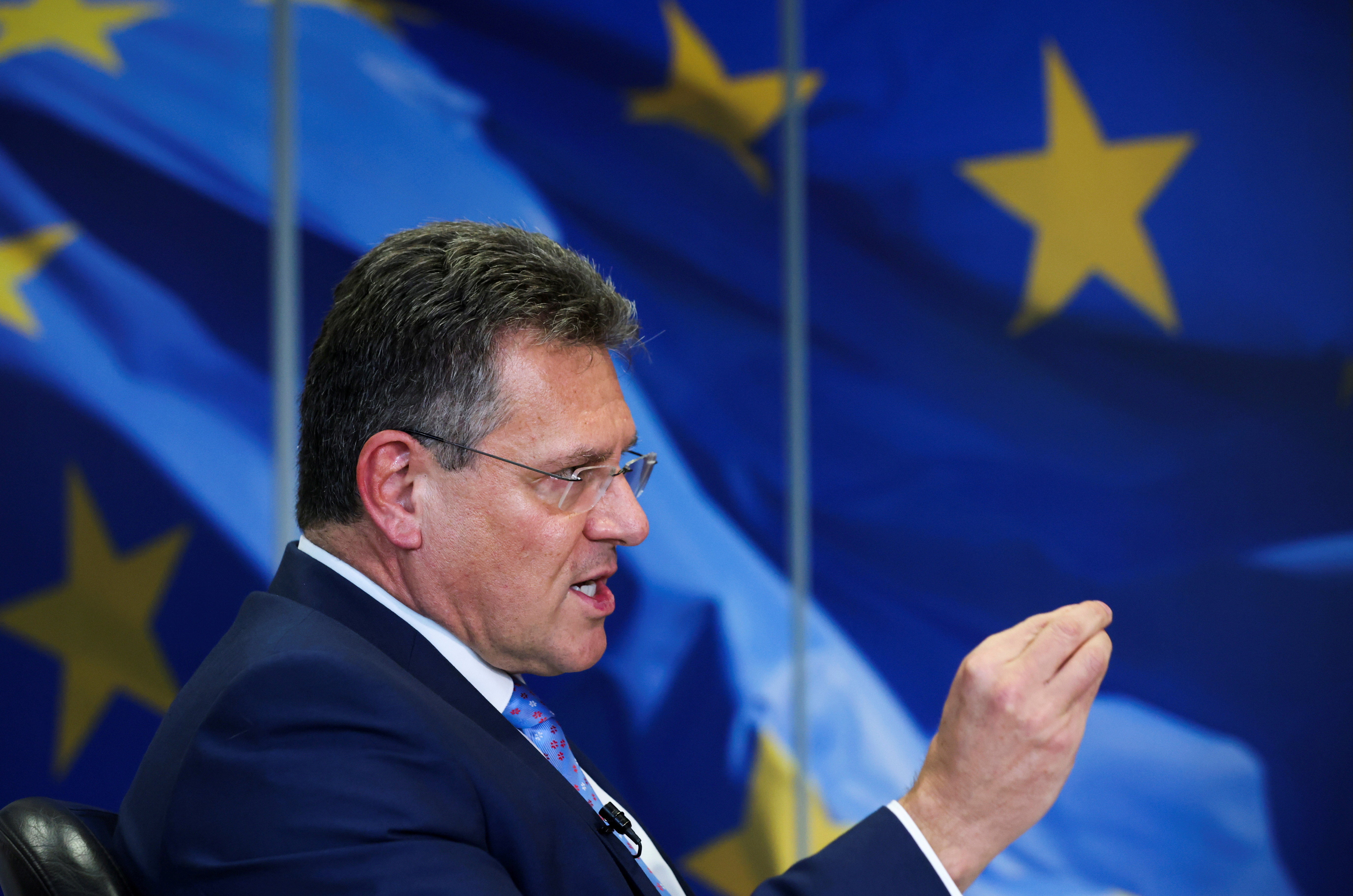 European Commission Vice President Maros Sefcovic speaks during an interview with Reuters in Brussels
