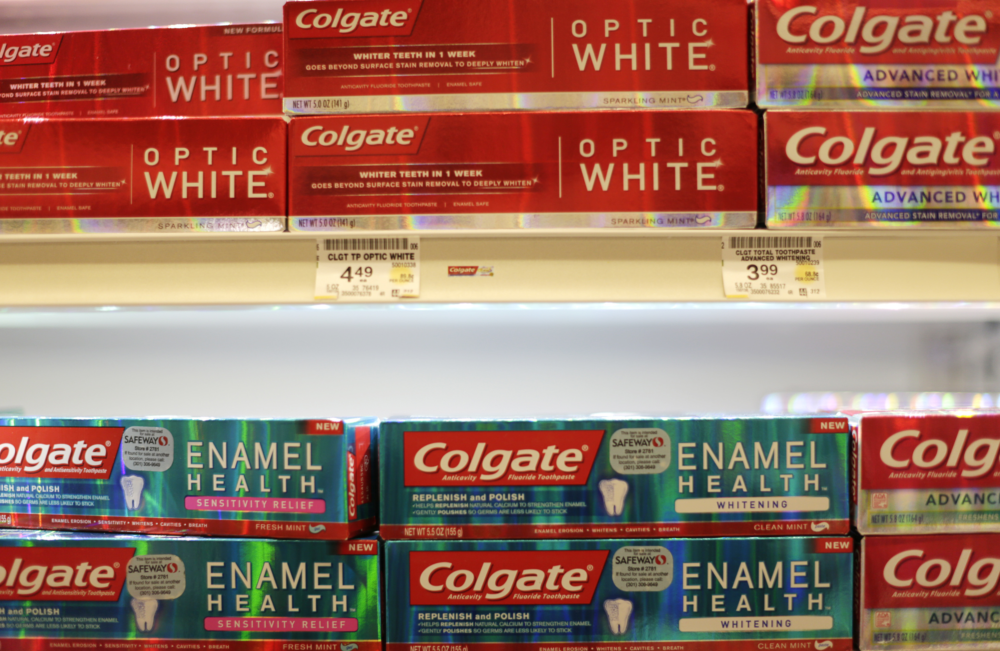Colgate brand toothpastes are seen at the Safeway store in Wheaton Maryland