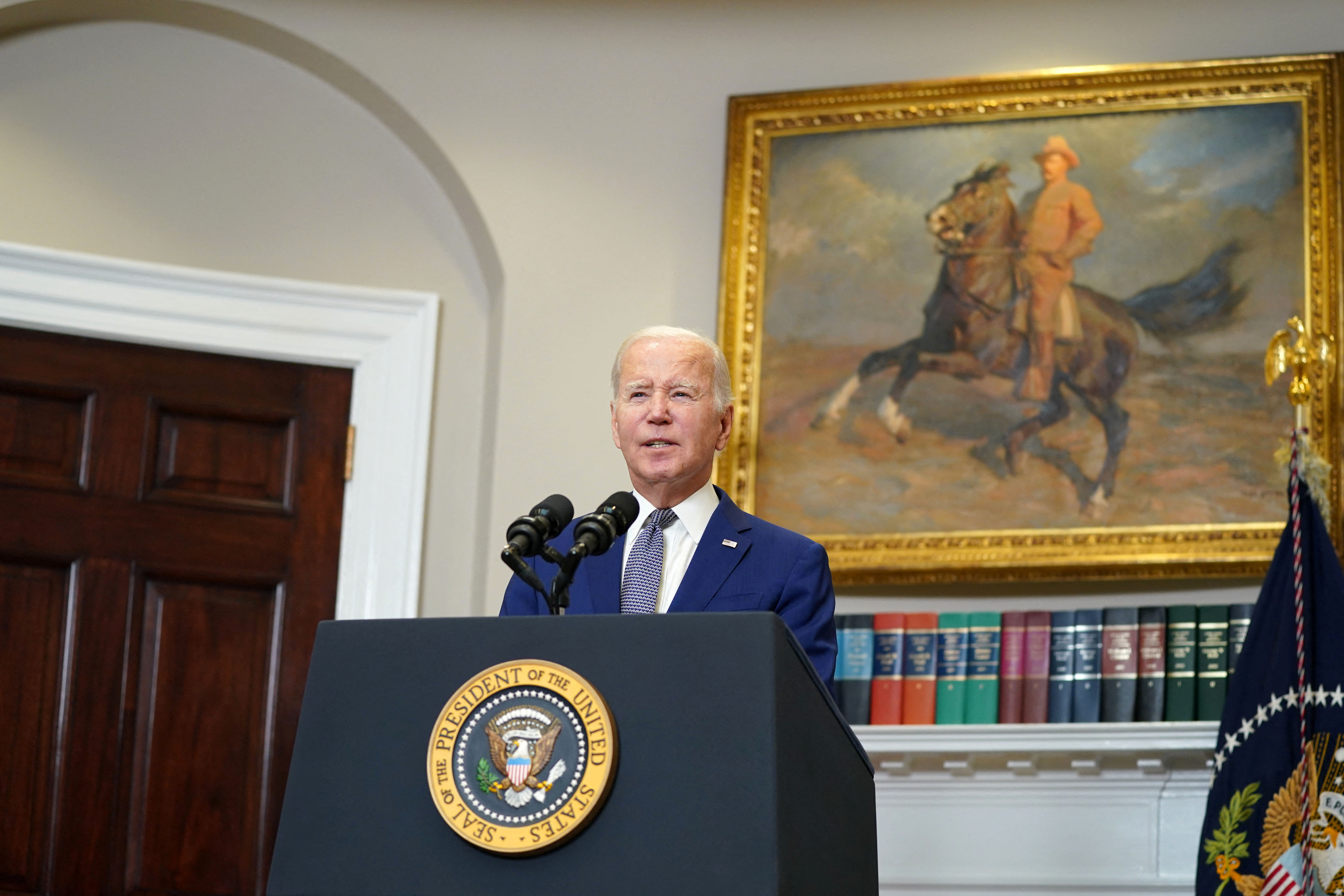 U.S. President Joe Biden makes a statement on the stopgap government funding bill at White House