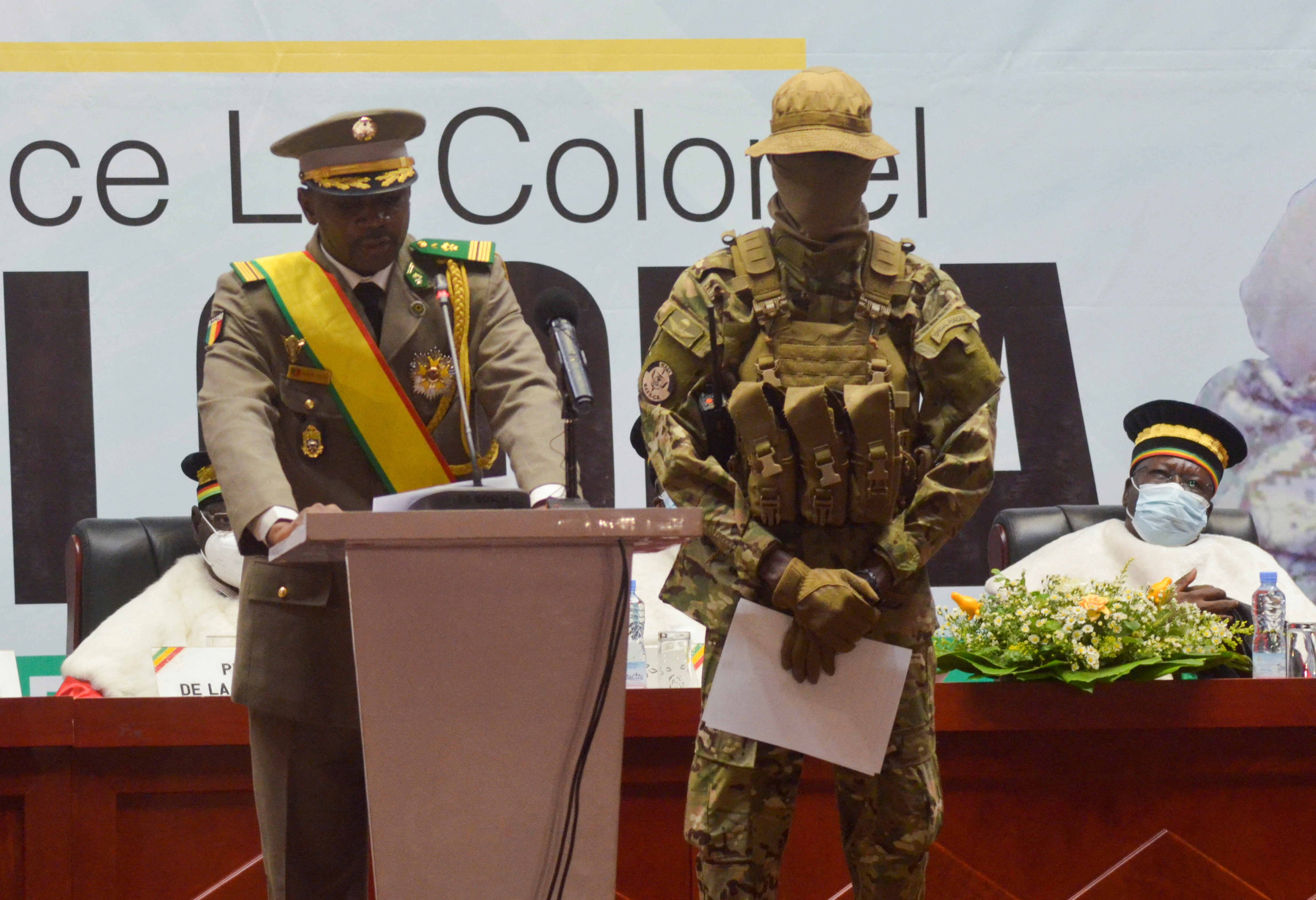 Colonel Assimi Goita, leader of two military coups and new interim president, speaks during his inauguration ceremony in Bamako