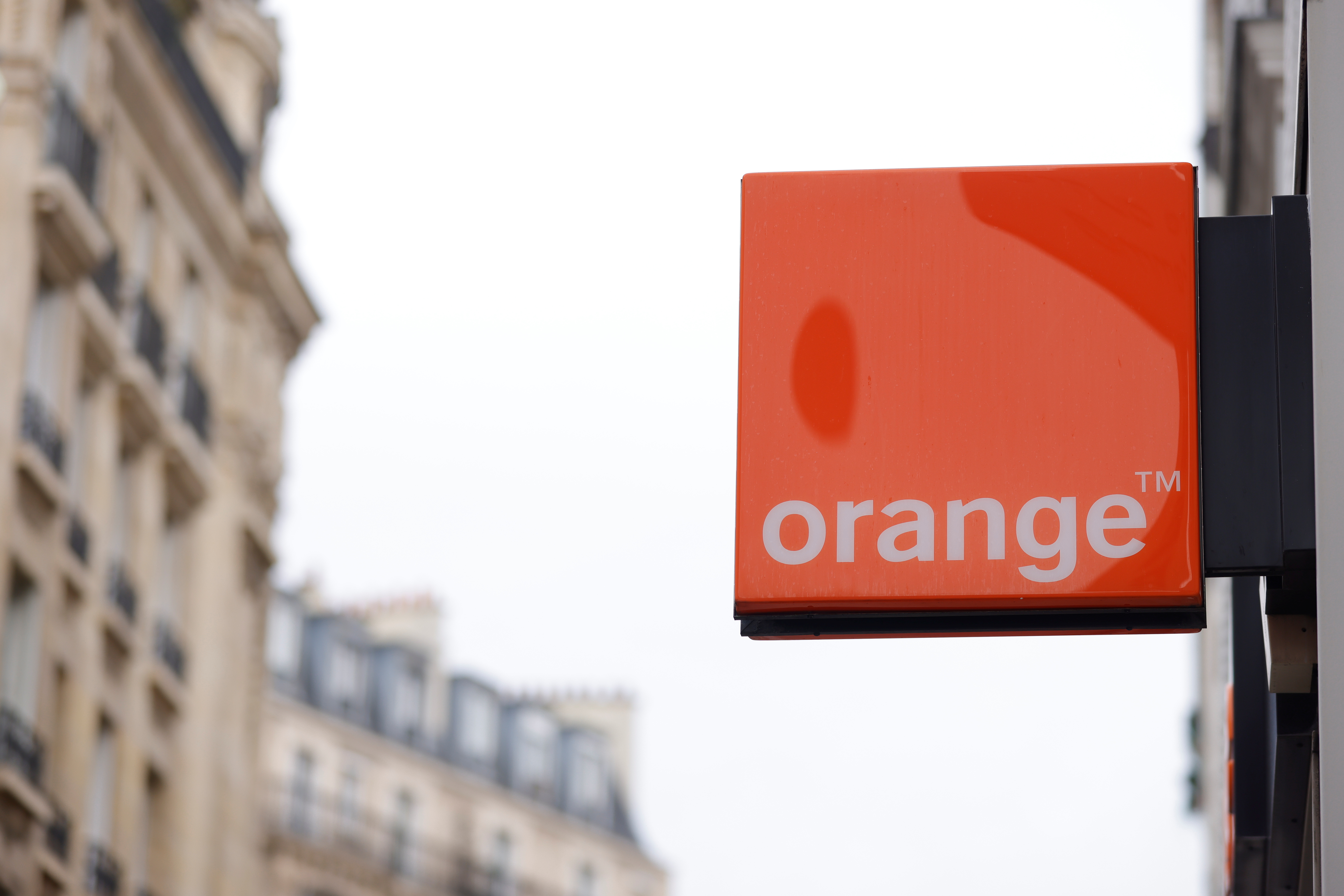 The logo of French telecoms operator Orange is seen a store in Paris