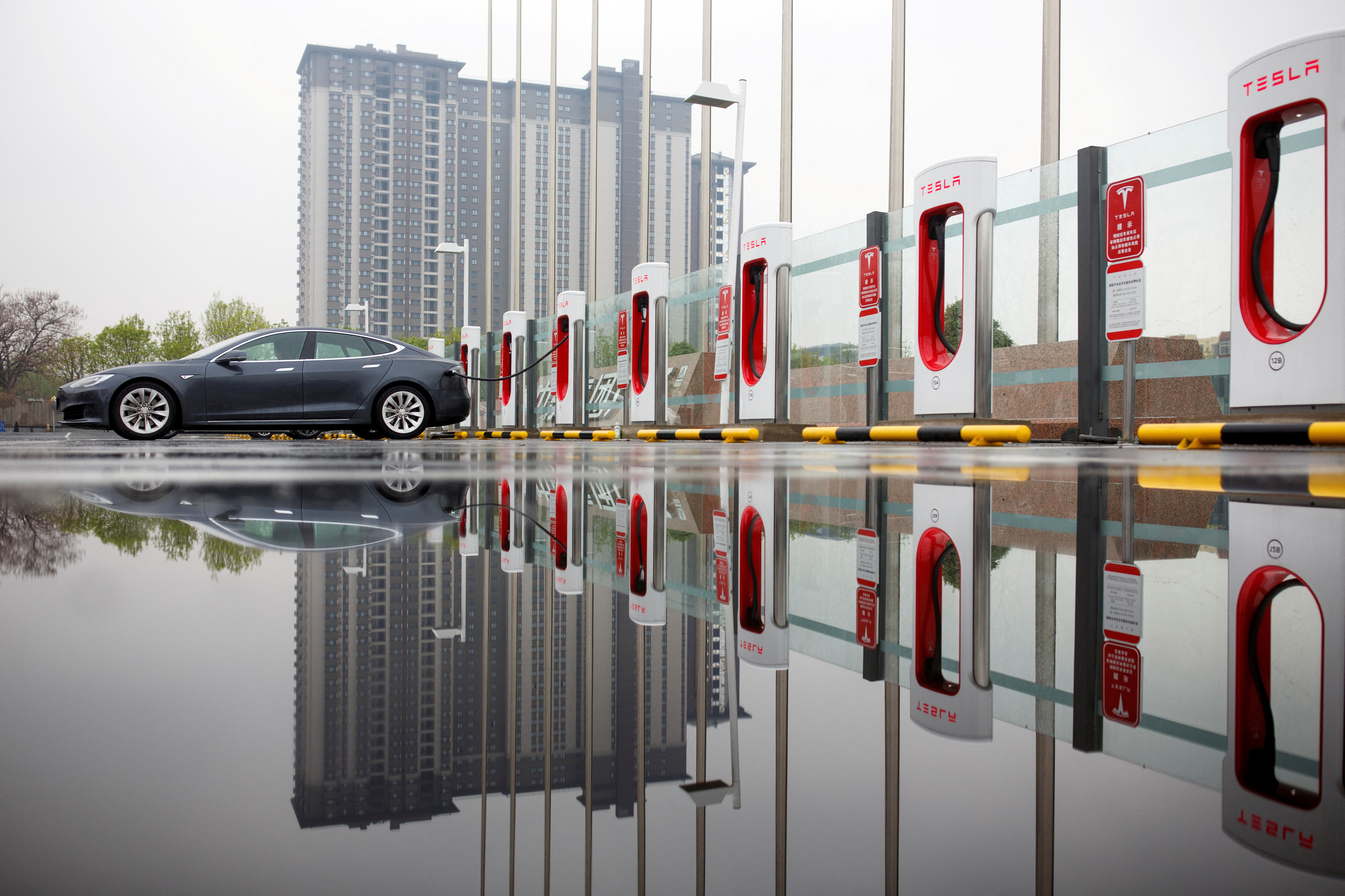 A Tesla car pictured at a charging point in Beijing