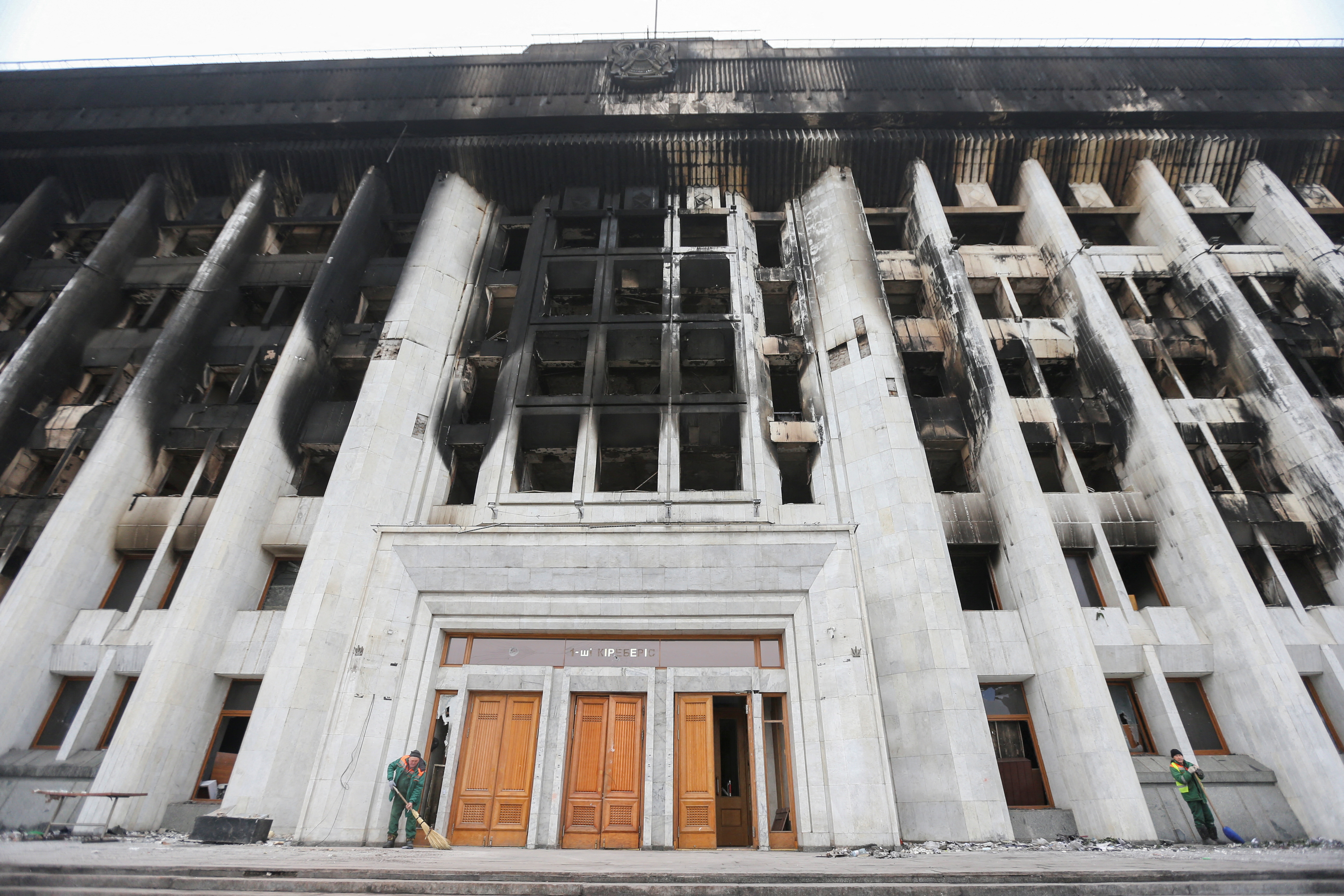 A view shows the burnt city administration headquarters in Almaty