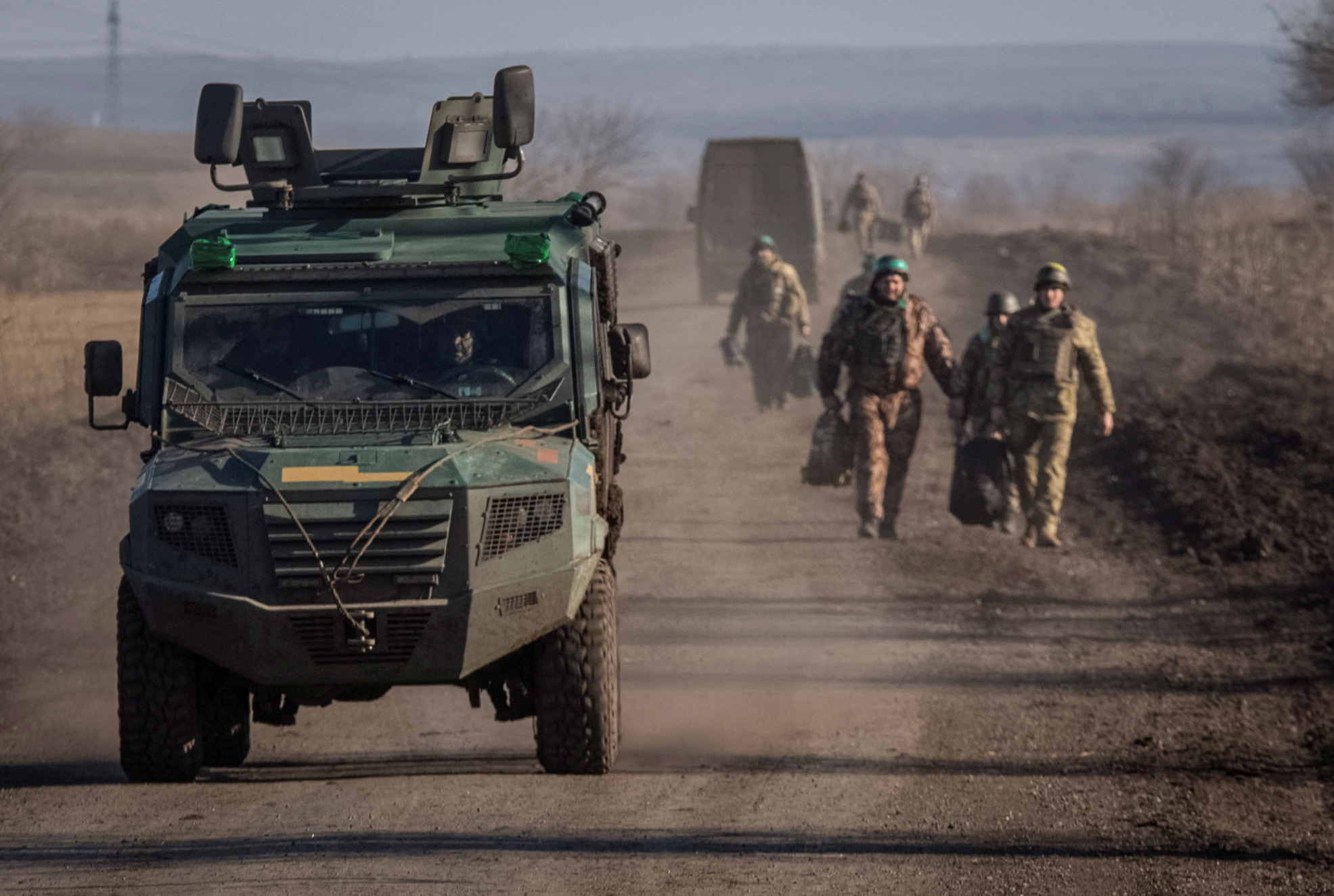 Ukrainian servicemen are seen near the frontline near Soledar