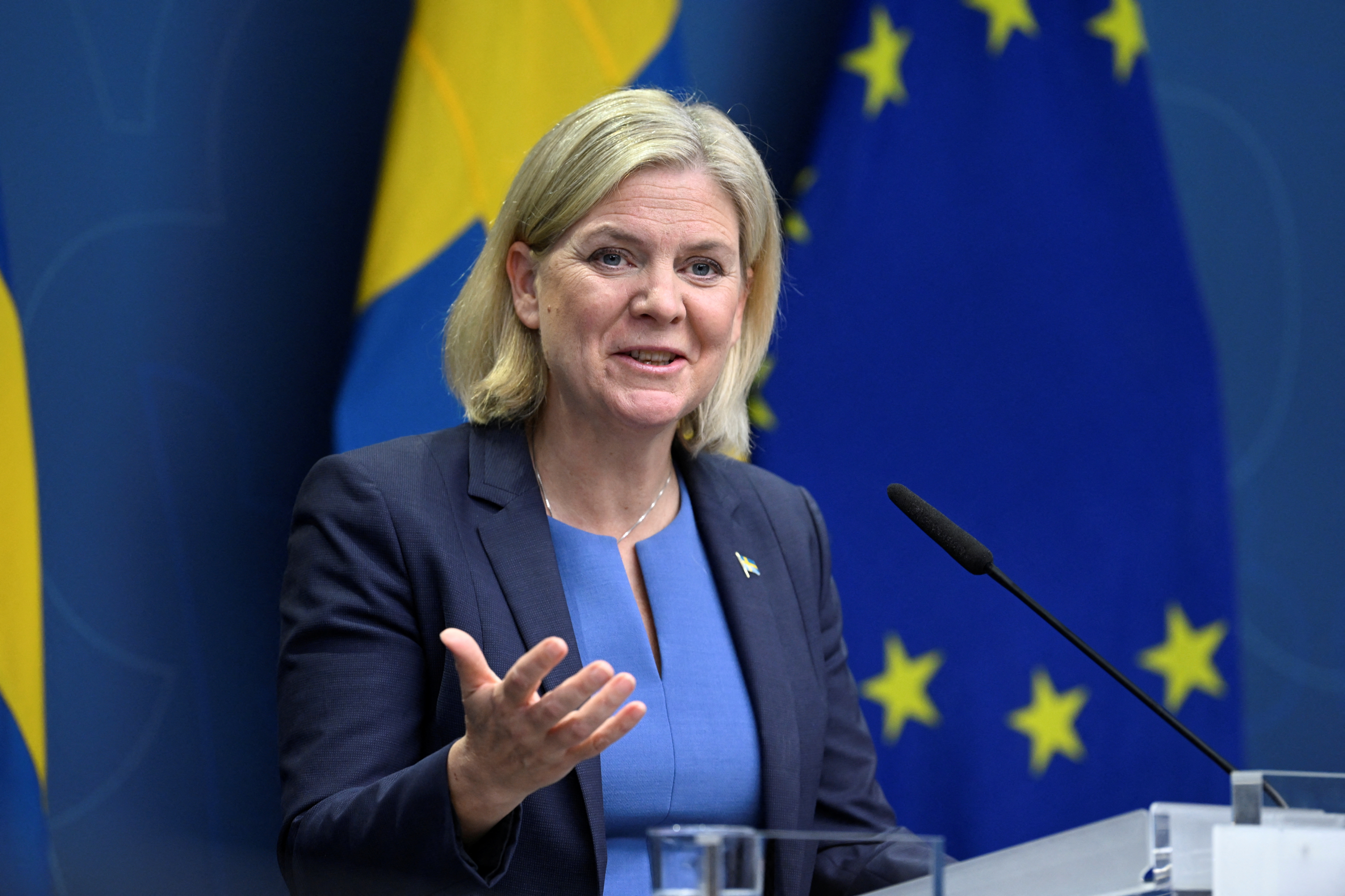 Swedish PM Andersson gives a news conference in Stockholm
